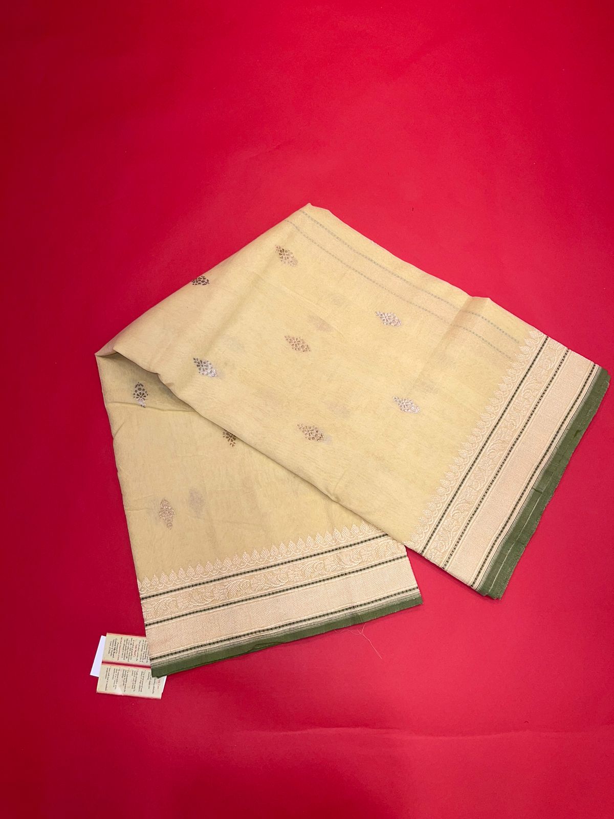 Faishana Pure Handloom Lime Yellow Cotton Banarasi Saree with Kadhwa Golden Silver Booti Border and Beige Kadhwa Blouse