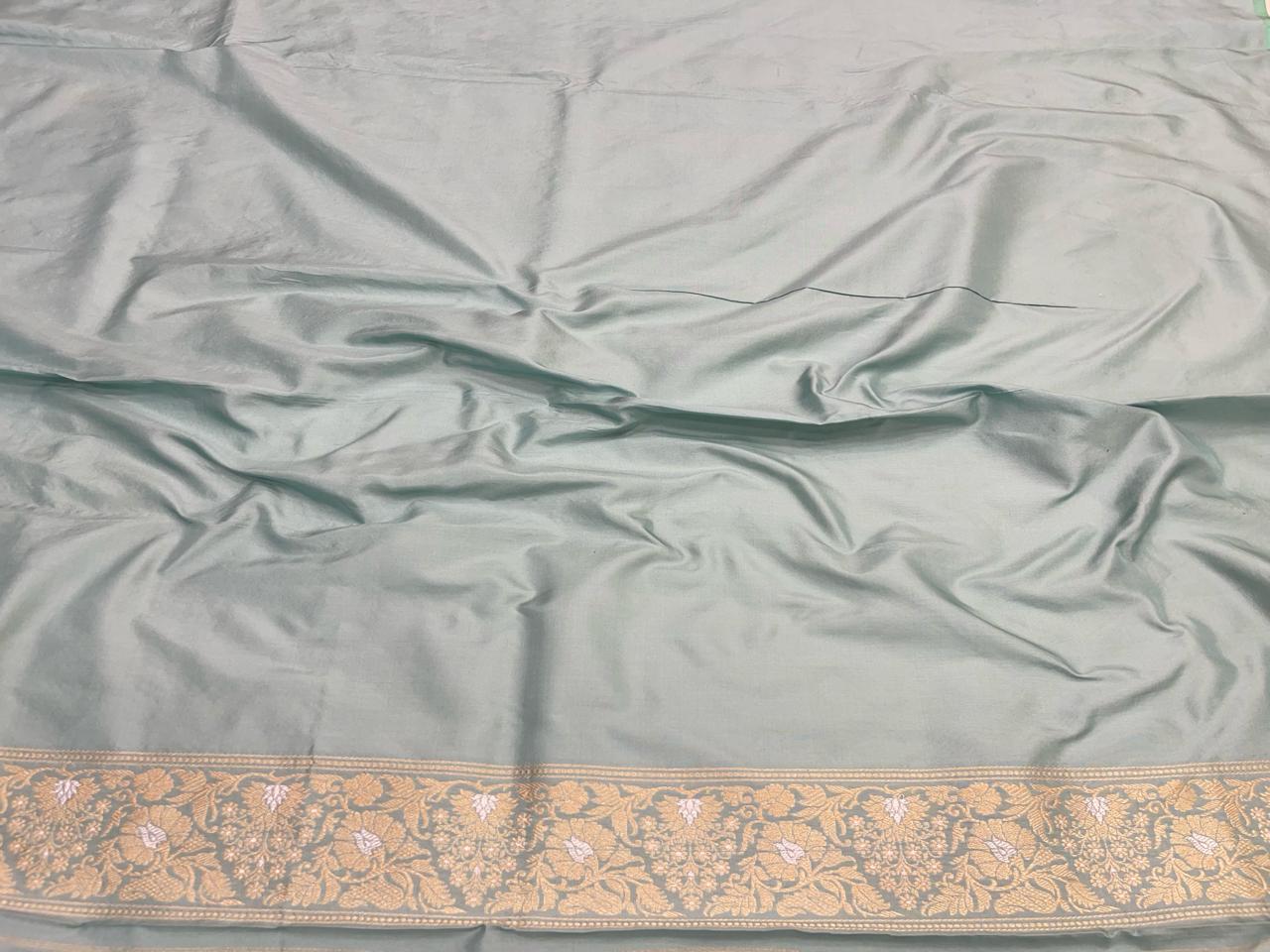 Exquisite Elegance: Faishana Pure Handloom Katan Silk Seagreen Kadhwa Minakari Floral Jangla Jaal Booti and Kadhwa Mina pallu with Sea green Blouse