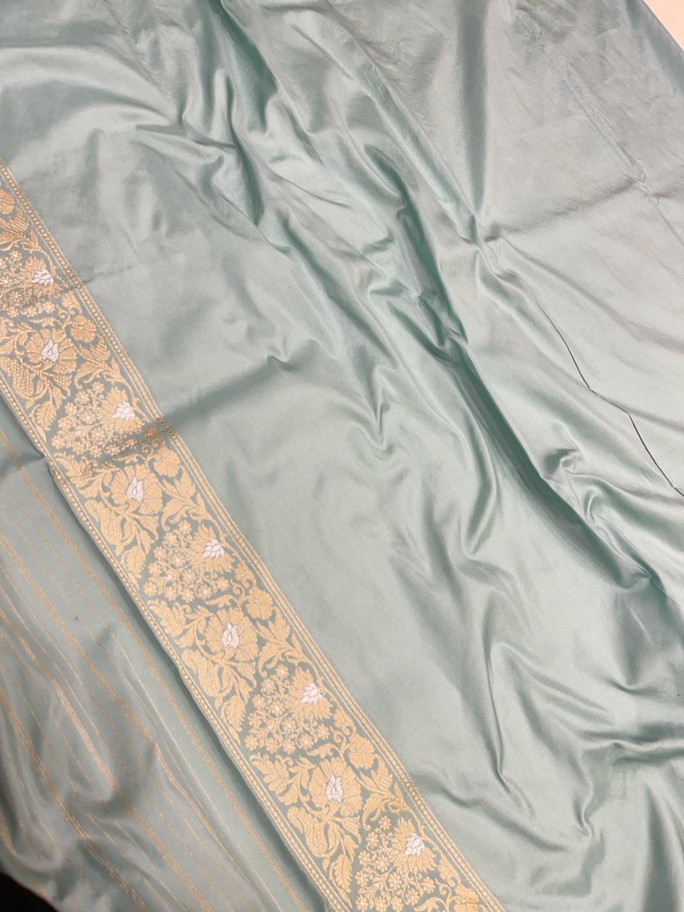 Exquisite Elegance: Faishana Pure Handloom Katan Silk Seagreen Kadhwa Minakari Floral Jangla Jaal Booti and Kadhwa Mina pallu with Sea green Blouse