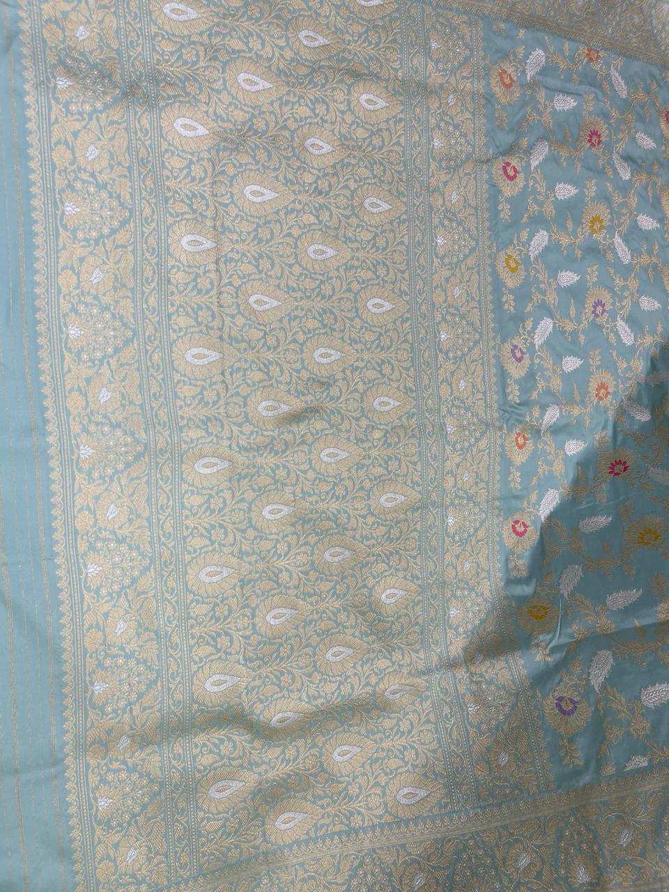 Exquisite Elegance: Faishana Pure Handloom Katan Silk Seagreen Kadhwa Minakari Floral Jangla Jaal Booti and Kadhwa Mina pallu with Sea green Blouse