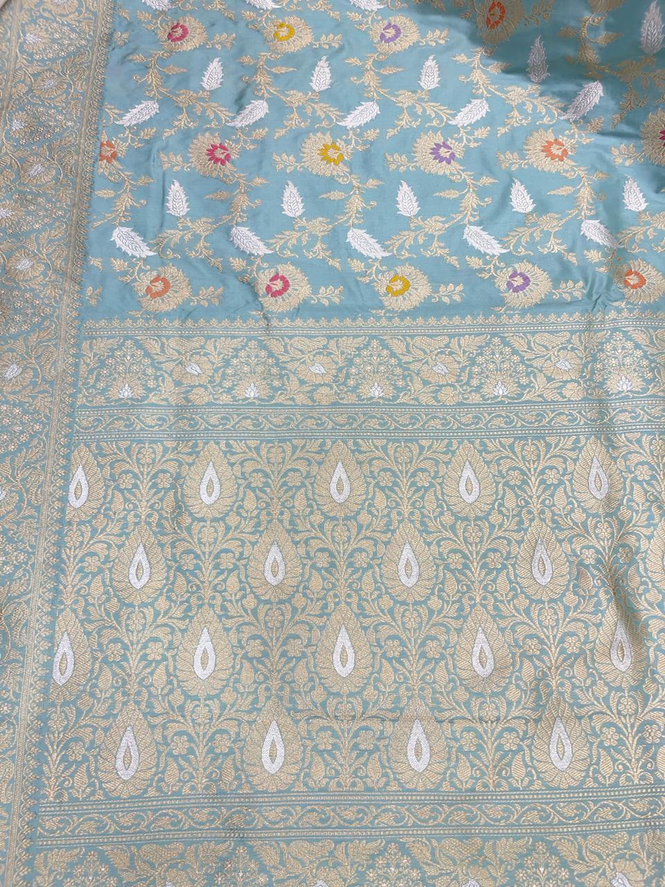 Exquisite Elegance: Faishana Pure Handloom Katan Silk Seagreen Kadhwa Minakari Floral Jangla Jaal Booti and Kadhwa Mina pallu with Sea green Blouse