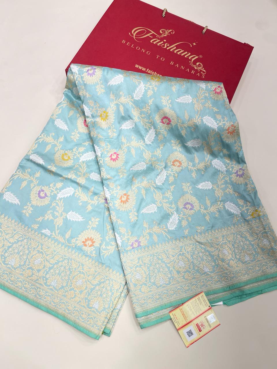 Exquisite Elegance: Faishana Pure Handloom Katan Silk Seagreen Kadhwa Minakari Floral Jangla Jaal Booti and Kadhwa Mina pallu with Sea green Blouse