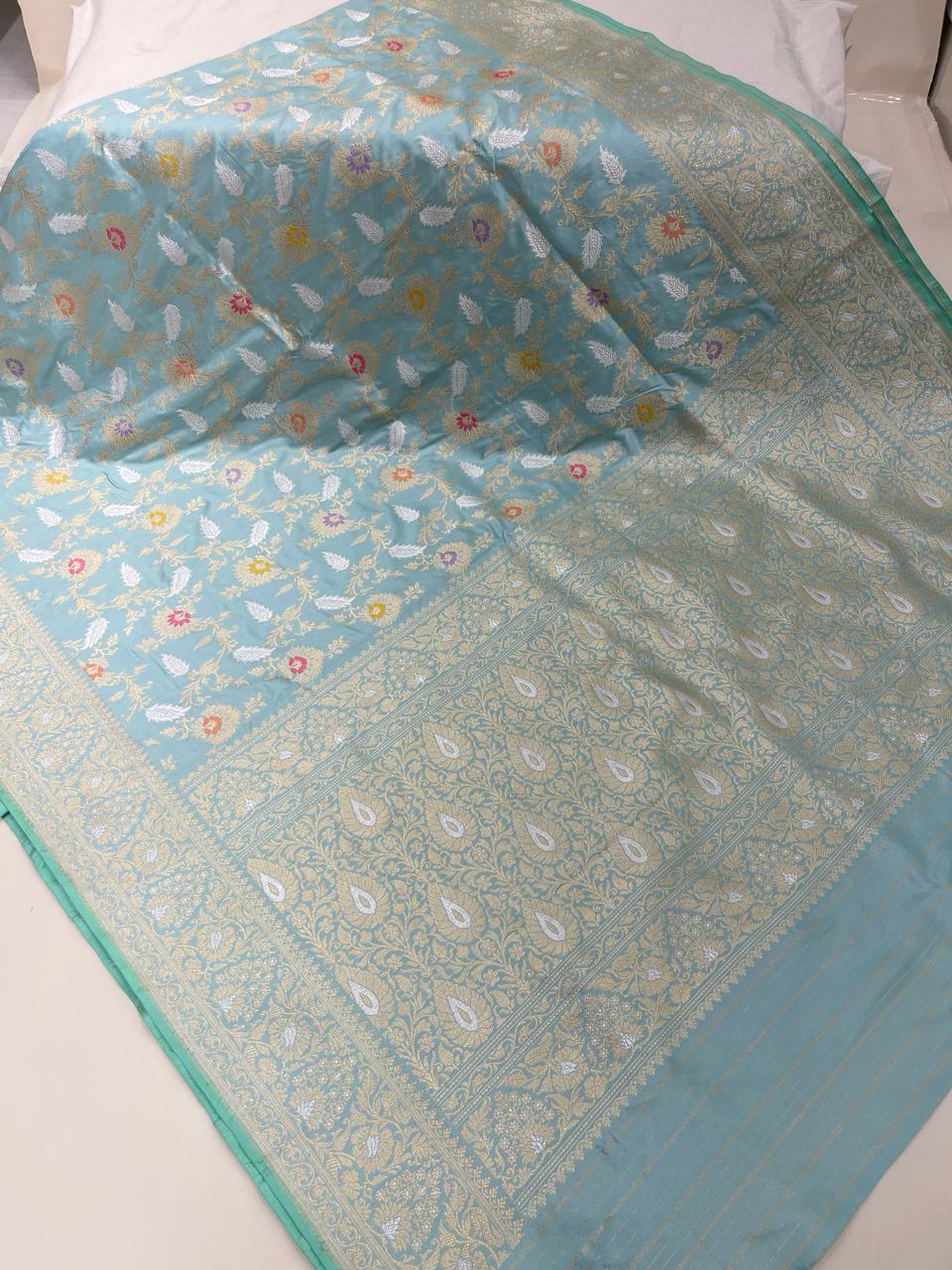 Exquisite Elegance: Faishana Pure Handloom Katan Silk Seagreen Kadhwa Minakari Floral Jangla Jaal Booti and Kadhwa Mina pallu with Sea green Blouse