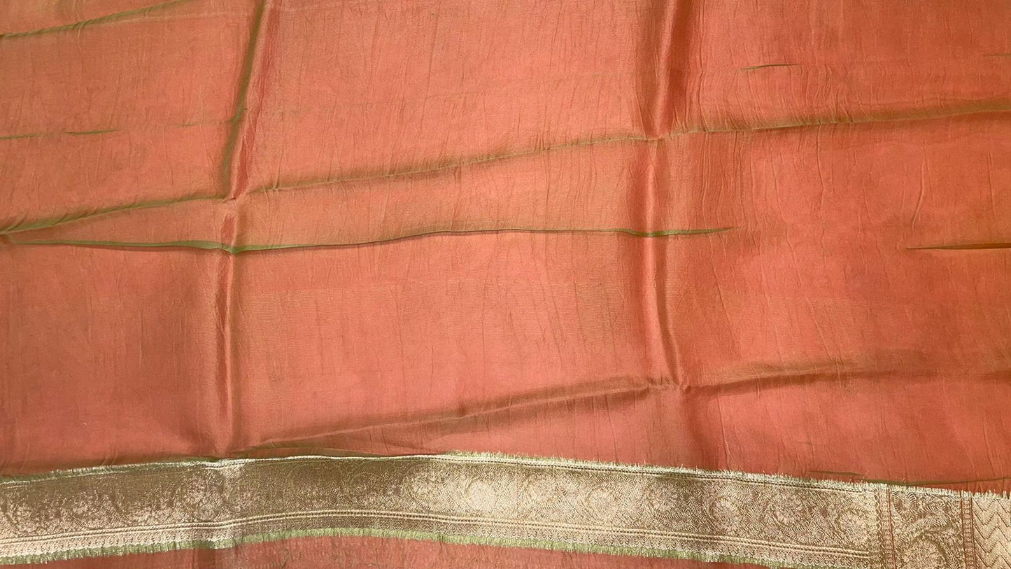 Faishana Pure Silk Handloom Olive Organza Antique Golden Zari Boota with Kadiyal Zari Anchal with Banarasi Broad Border and Olive Blouse