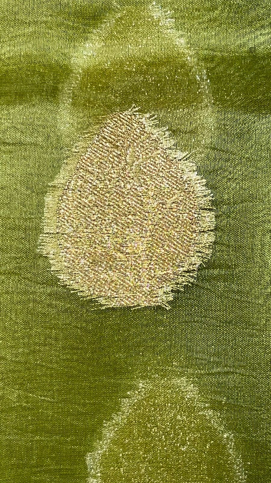 Faishana Pure Silk Handloom Olive Organza Antique Golden Zari Boota with Kadiyal Zari Anchal with Banarasi Broad Border and Olive Blouse