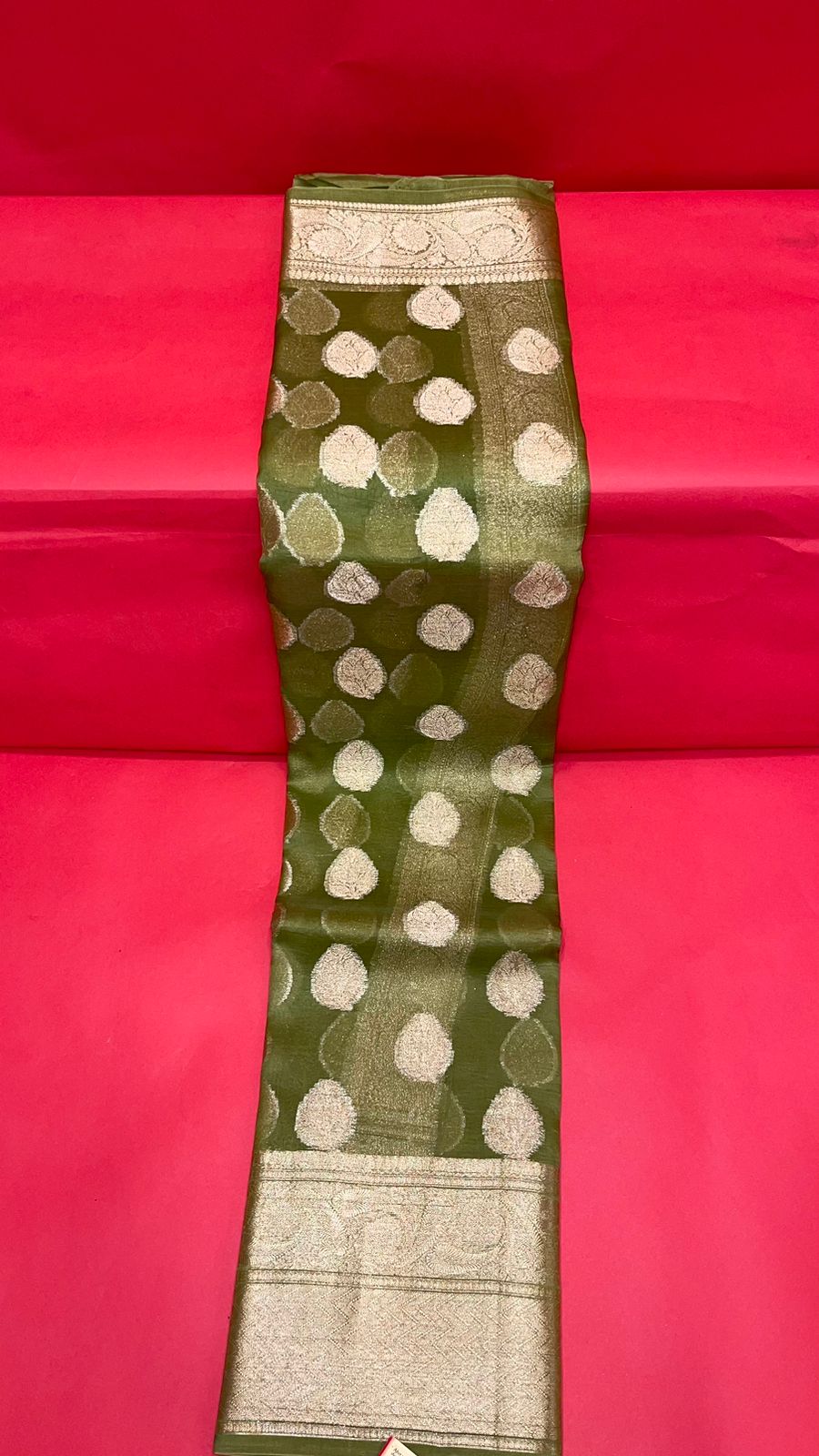 Faishana Pure Silk Handloom Olive Organza Antique Golden Zari Boota with Kadiyal Zari Anchal with Banarasi Broad Border and Olive Blouse