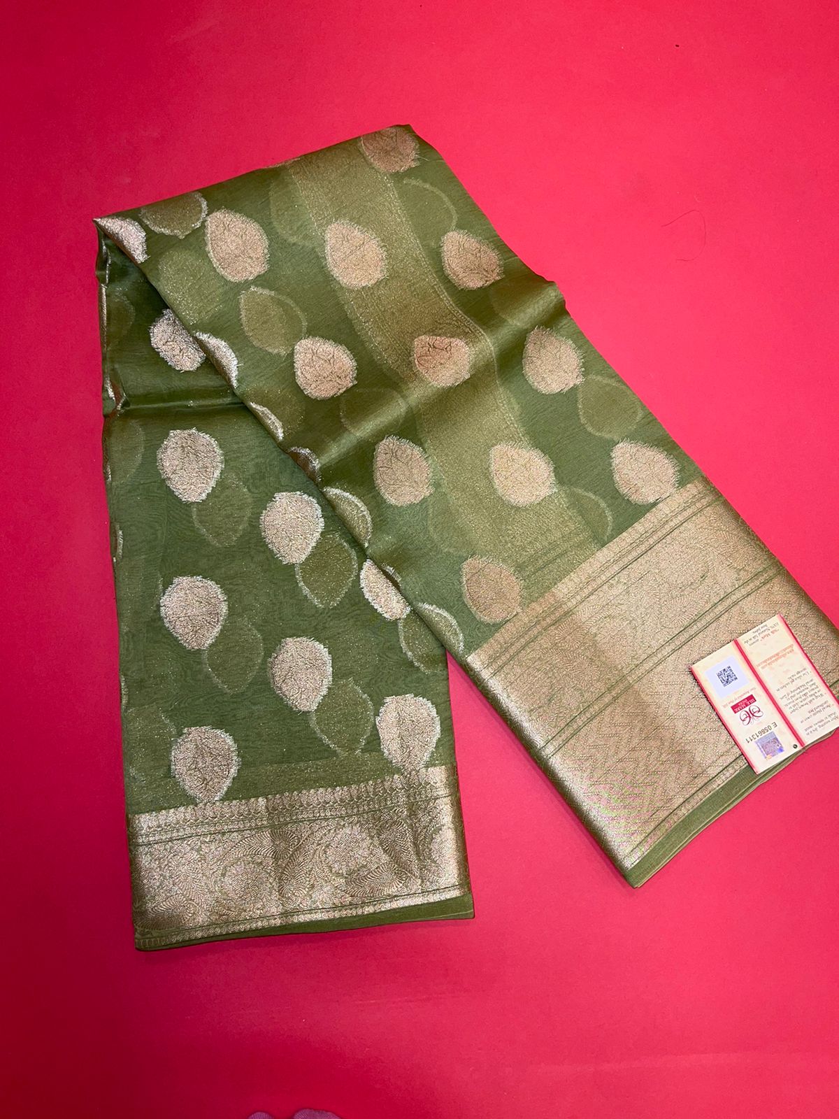 Faishana Pure Silk Handloom Olive Organza Antique Golden Zari Boota with Kadiyal Zari Anchal with Banarasi Broad Border and Olive Blouse
