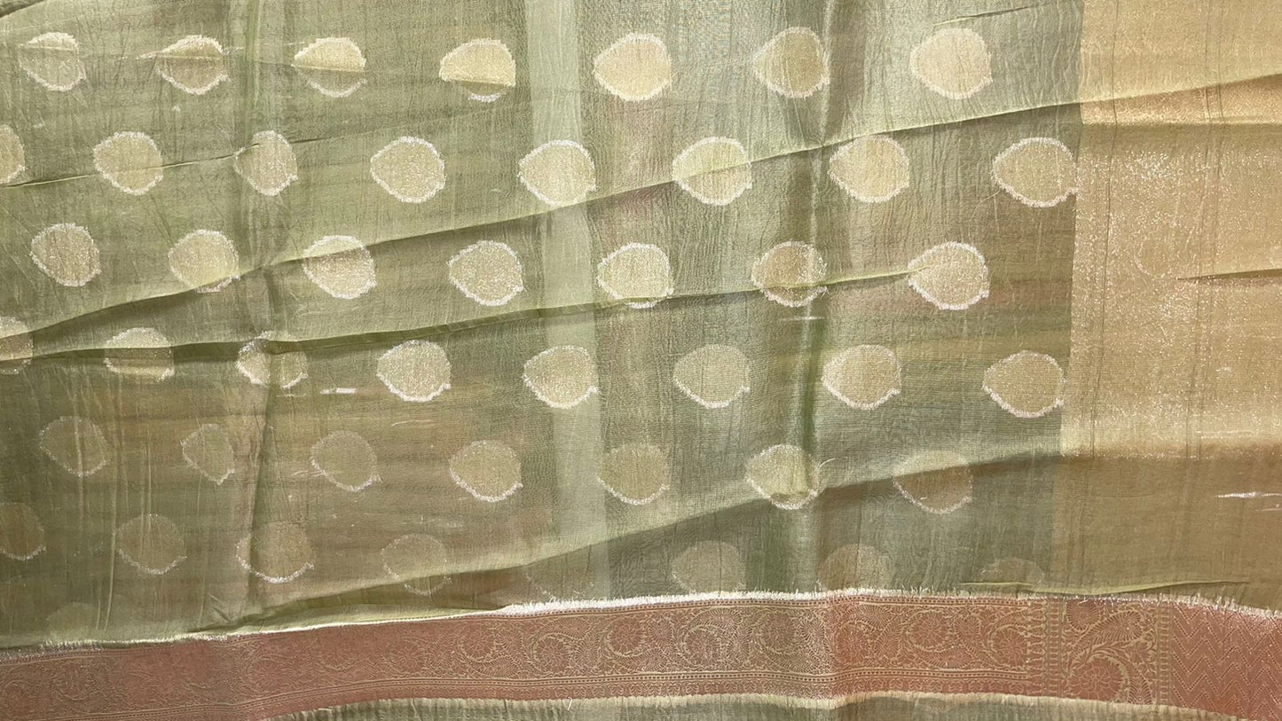 Faishana Pure Silk Handloom Olive Organza Antique Golden Zari Boota with Kadiyal Zari Anchal with Banarasi Broad Border and Olive Blouse
