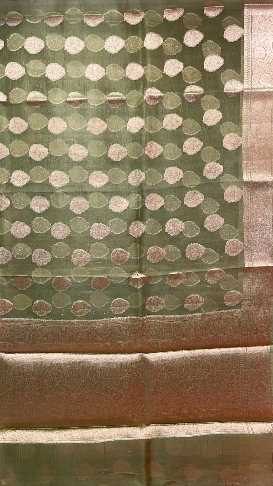 Faishana Pure Silk Handloom Olive Organza Antique Golden Zari Boota with Kadiyal Zari Anchal with Banarasi Broad Border and Olive Blouse