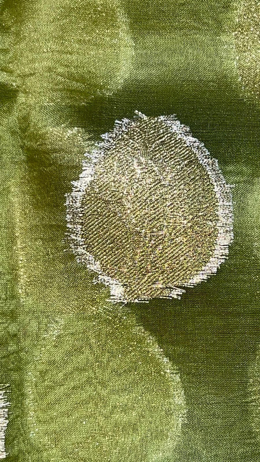 Faishana Pure Silk Handloom Olive Organza Antique Golden Zari Boota with Kadiyal Zari Anchal with Banarasi Broad Border and Olive Blouse