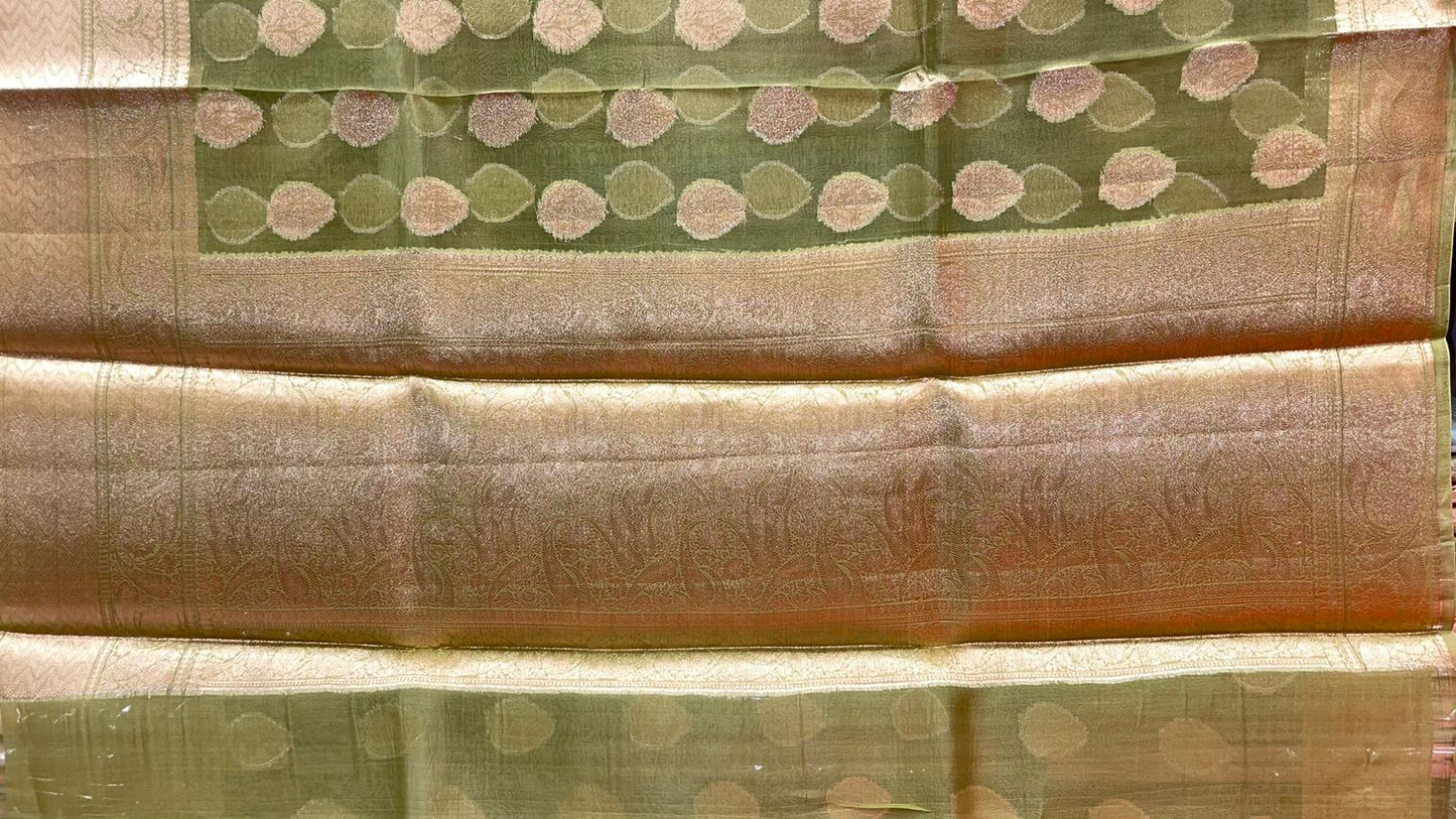 Faishana Pure Silk Handloom Olive Organza Antique Golden Zari Boota with Kadiyal Zari Anchal with Banarasi Broad Border and Olive Blouse