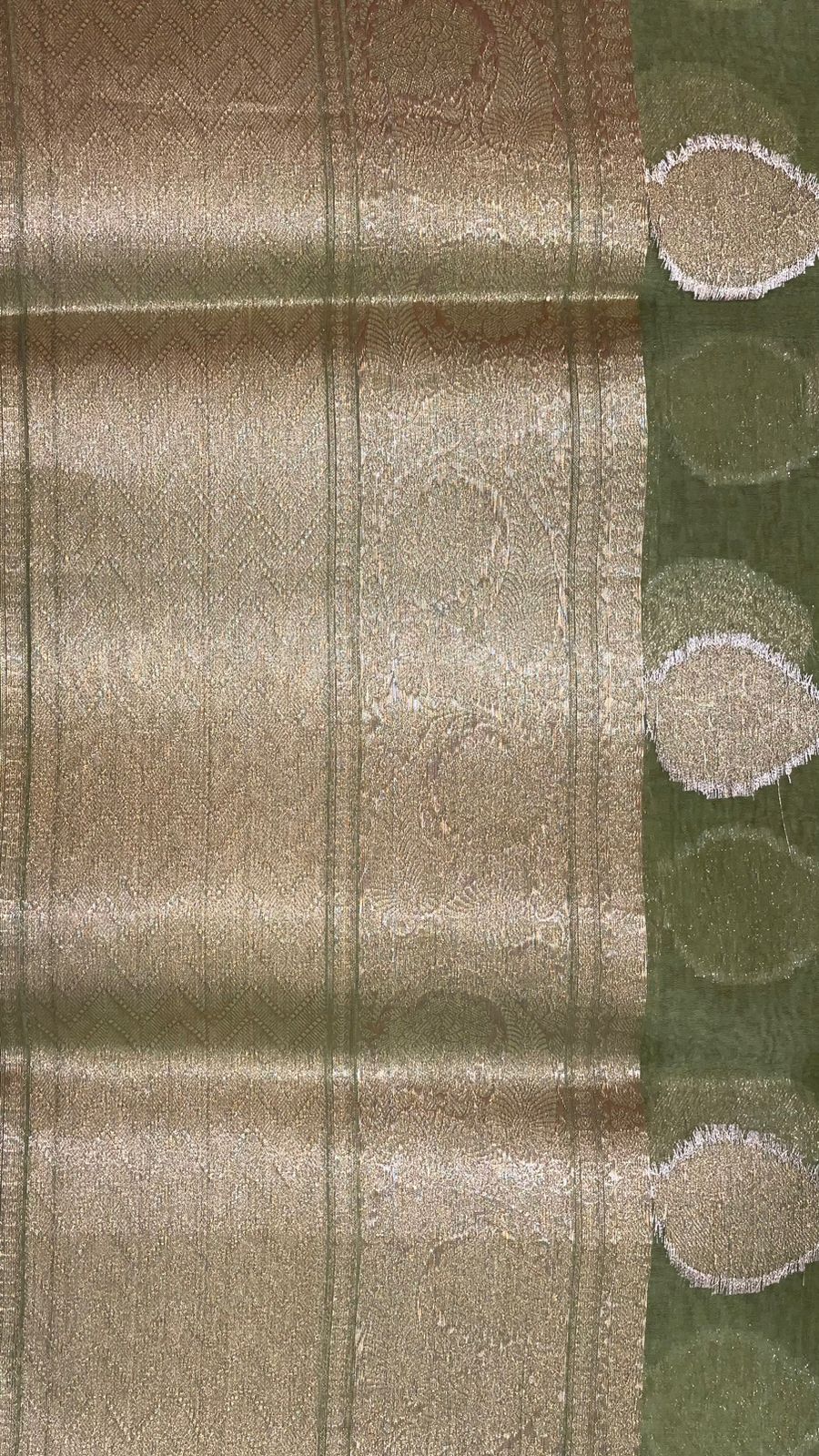 Faishana Pure Silk Handloom Olive Organza Antique Golden Zari Boota with Kadiyal Zari Anchal with Banarasi Broad Border and Olive Blouse