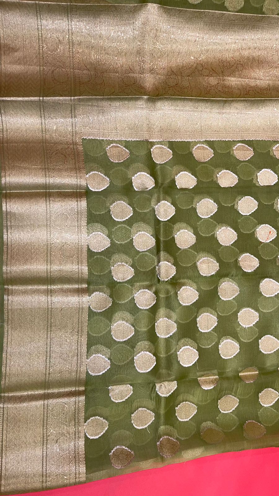 Faishana Pure Silk Handloom Olive Organza Antique Golden Zari Boota with Kadiyal Zari Anchal with Banarasi Broad Border and Olive Blouse