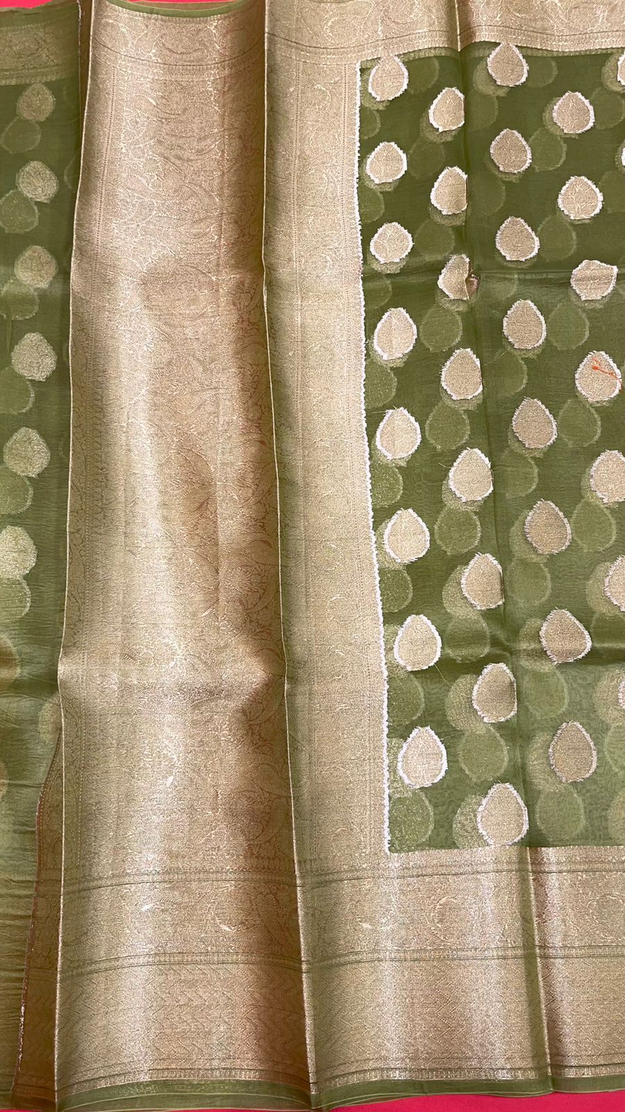 Faishana Pure Silk Handloom Olive Organza Antique Golden Zari Boota with Kadiyal Zari Anchal with Banarasi Broad Border and Olive Blouse