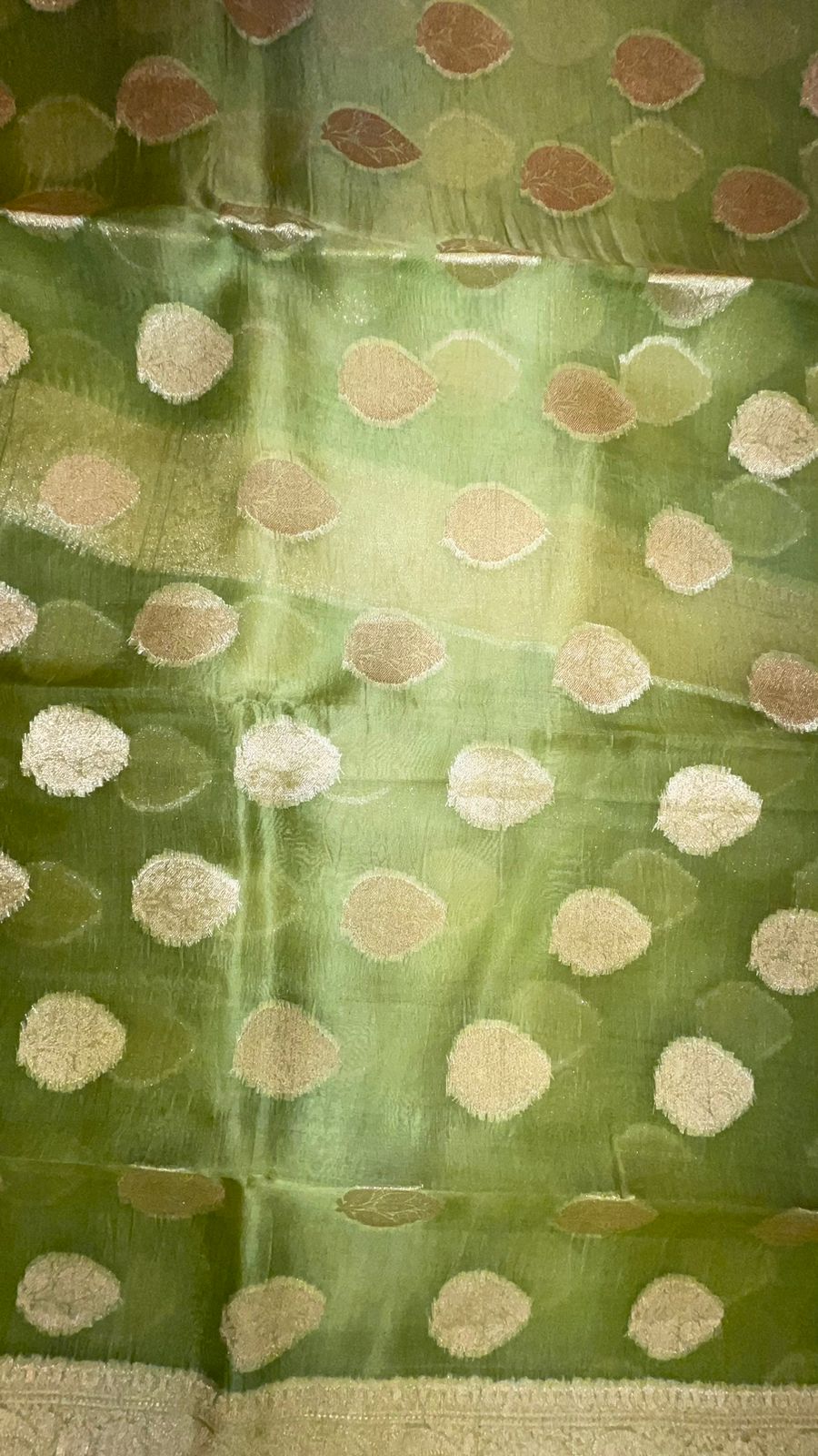 Faishana Pure Silk Handloom Olive Organza Antique Golden Zari Boota with Kadiyal Zari Anchal with Banarasi Broad Border and Olive Blouse
