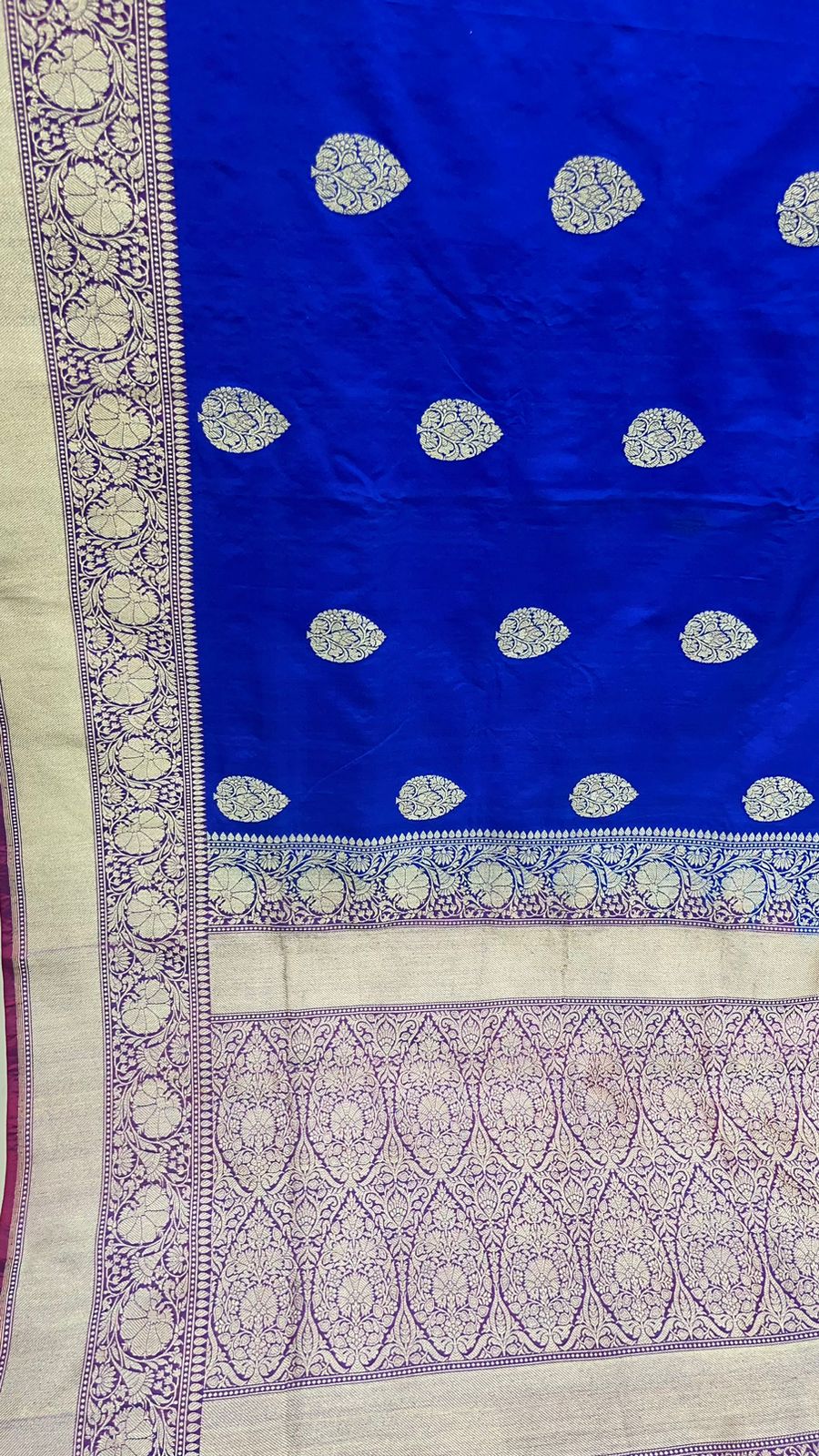 Exquisite Faishana Pure Handloom Royal Blue Katan Silk Kadhwa Boota Saree with Zari Border and Contrast Purple Blouse