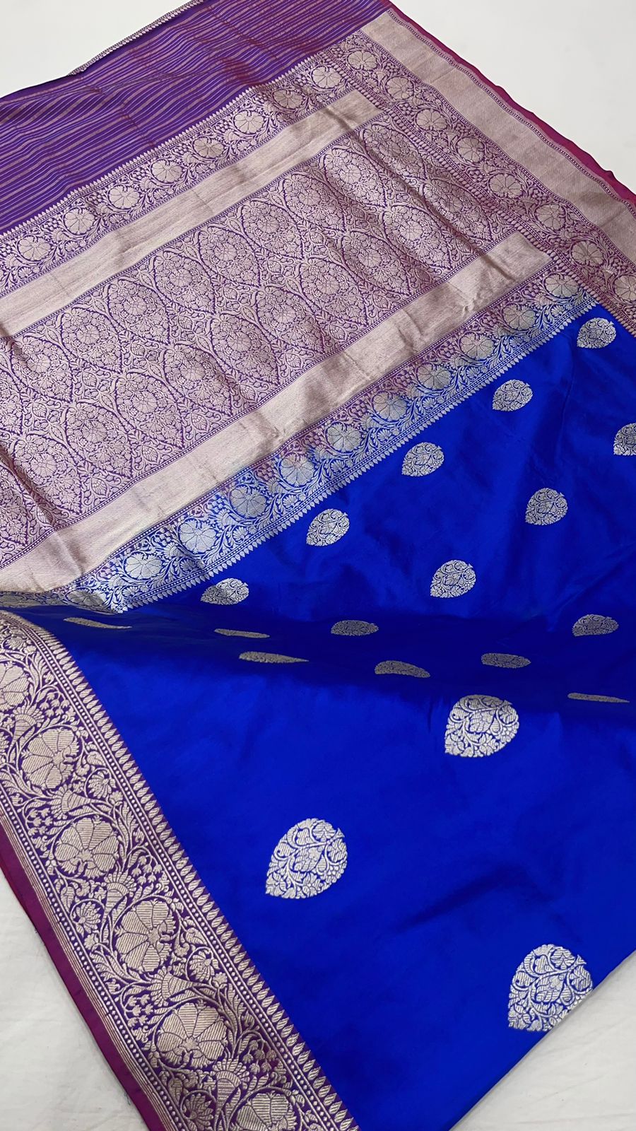 Exquisite Faishana Pure Handloom Royal Blue Katan Silk Kadhwa Boota Saree with Zari Border and Contrast Purple Blouse