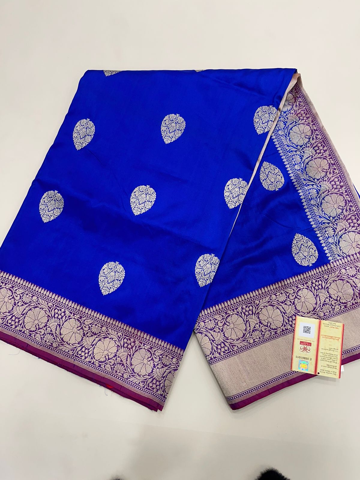 Exquisite Faishana Pure Handloom Royal Blue Katan Silk Kadhwa Boota Saree with Zari Border and Contrast Purple Blouse