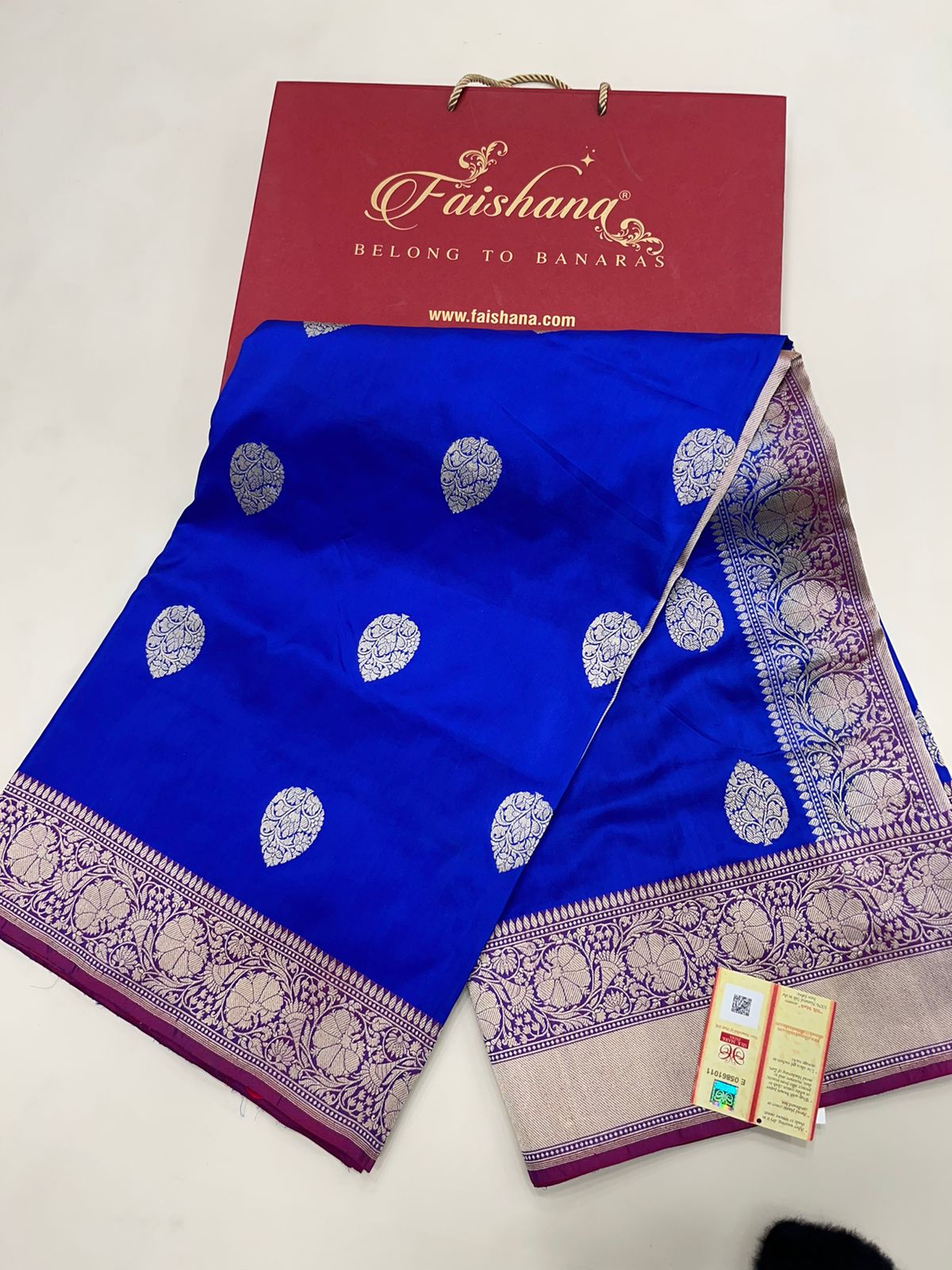 Exquisite Faishana Pure Handloom Royal Blue Katan Silk Kadhwa Boota Saree with Zari Border and Contrast Purple Blouse
