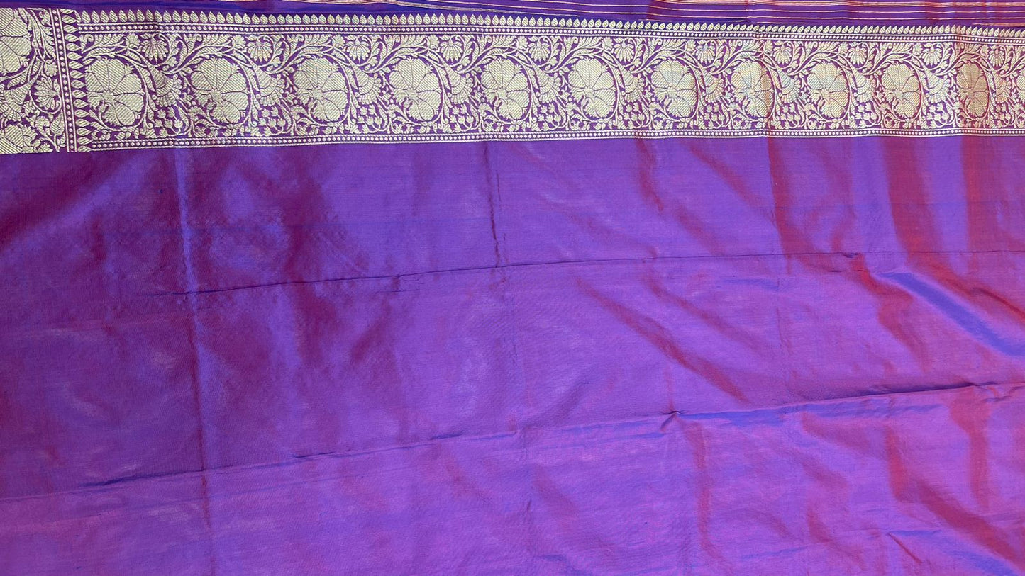 Exquisite Faishana Pure Handloom Royal Blue Katan Silk Kadhwa Boota Saree with Zari Border and Contrast Purple Blouse