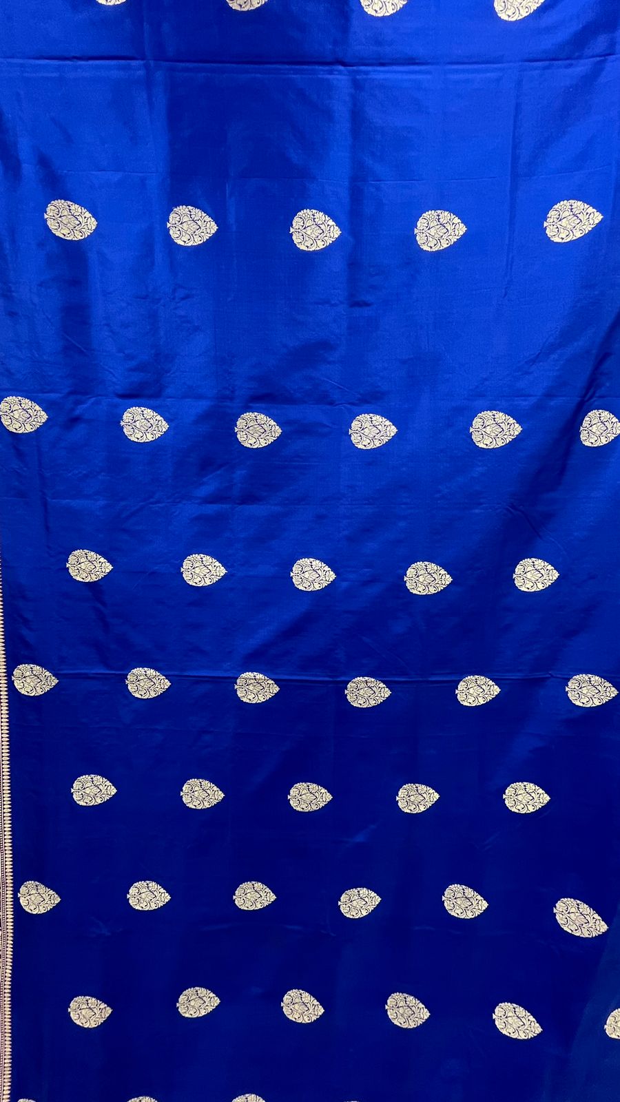 Exquisite Faishana Pure Handloom Royal Blue Katan Silk Kadhwa Boota Saree with Zari Border and Contrast Purple Blouse