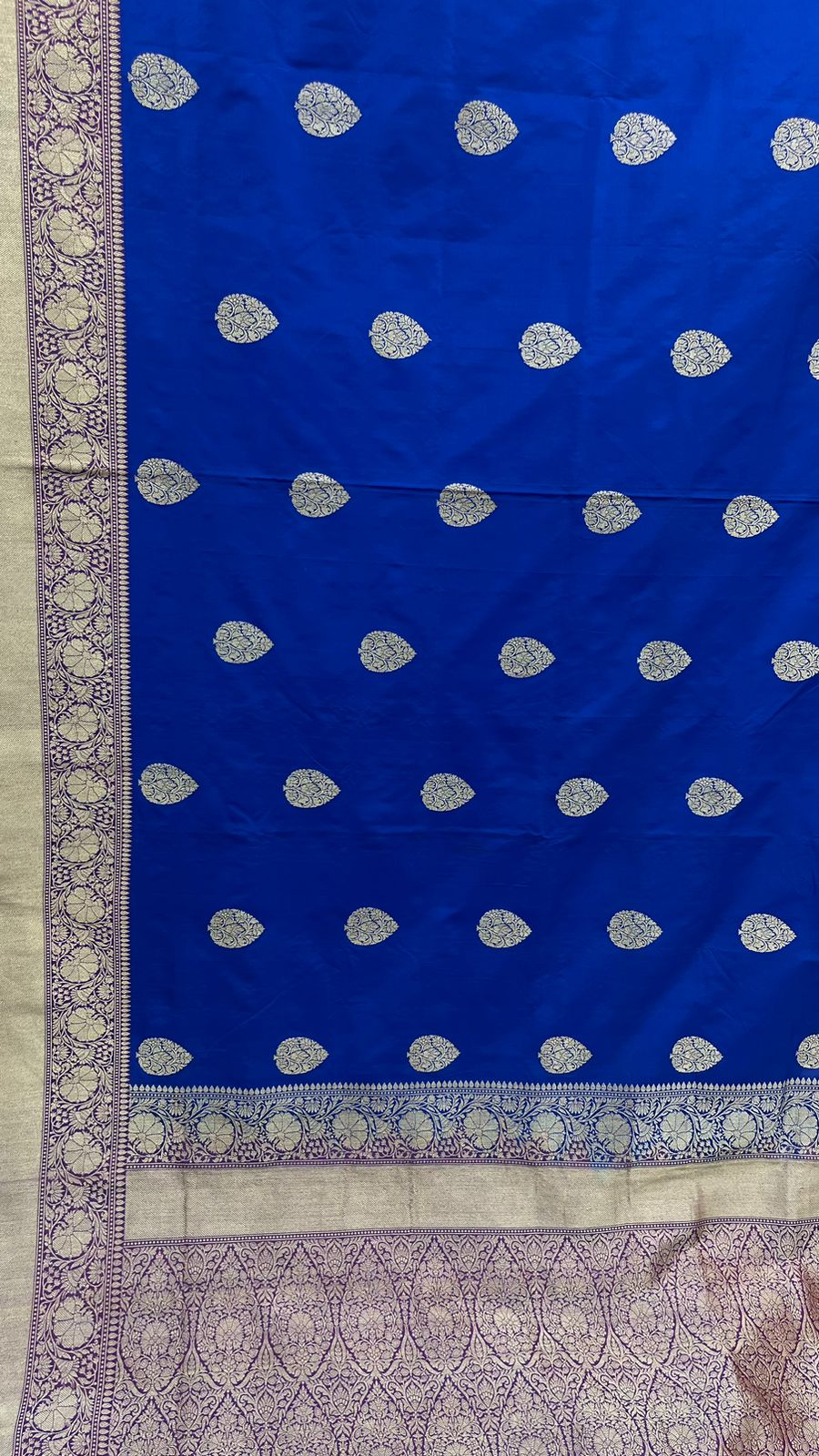 Exquisite Faishana Pure Handloom Royal Blue Katan Silk Kadhwa Boota Saree with Zari Border and Contrast Purple Blouse