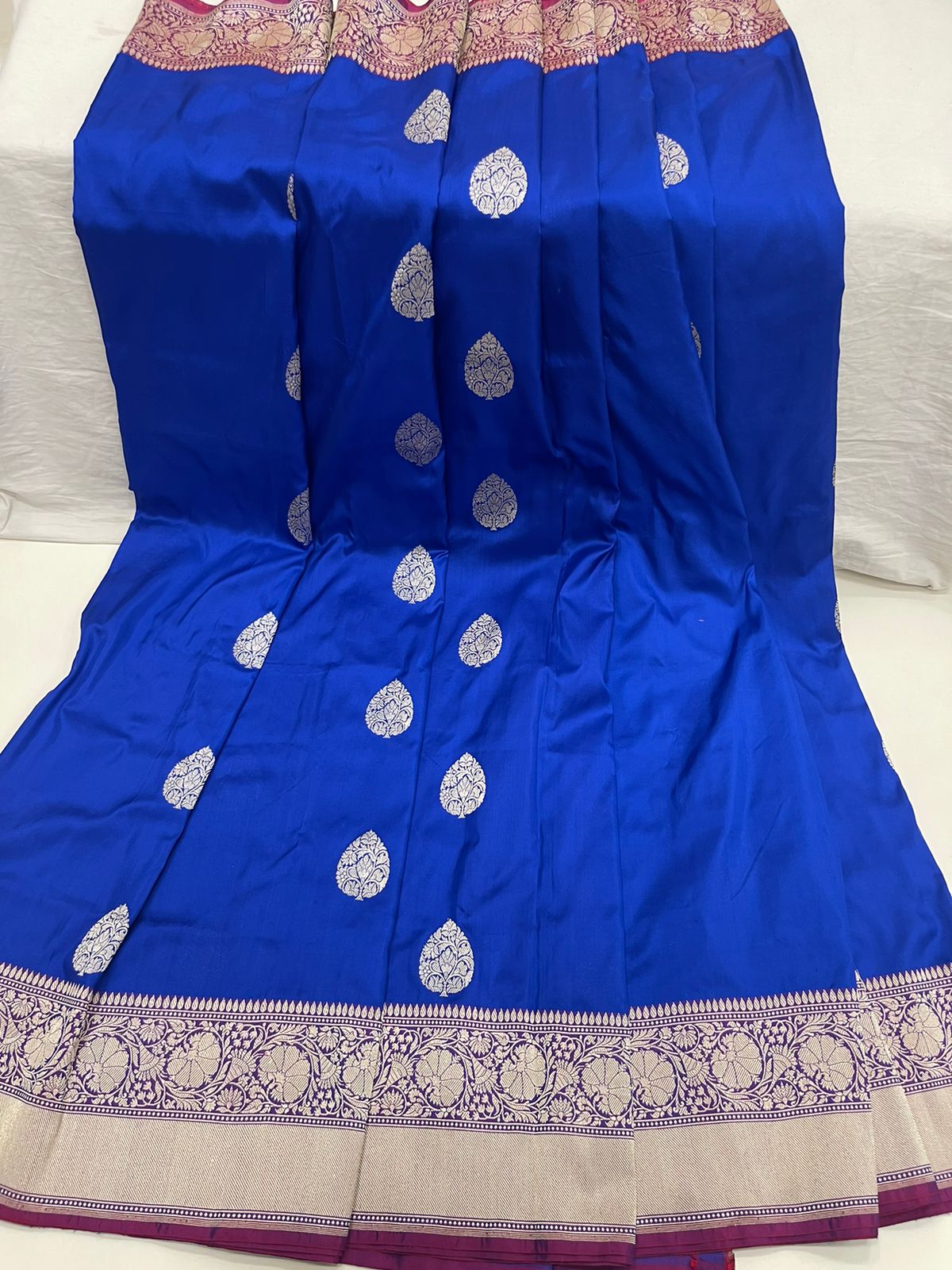 Exquisite Faishana Pure Handloom Royal Blue Katan Silk Kadhwa Boota Saree with Zari Border and Contrast Purple Blouse