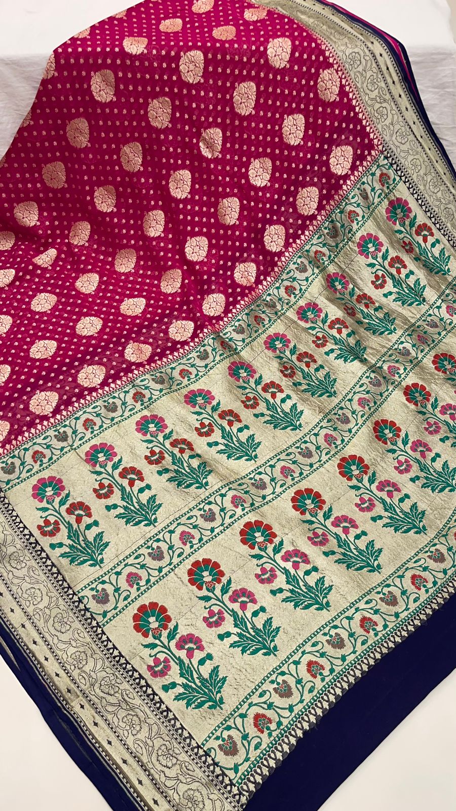 Radiant Elegance: Faishana Pure Silk Handloom Magenta Khaddi Georgette Golden Zari Chunri Boota Paithani Anchal with Navy Blue Blouse Banarasi Saree