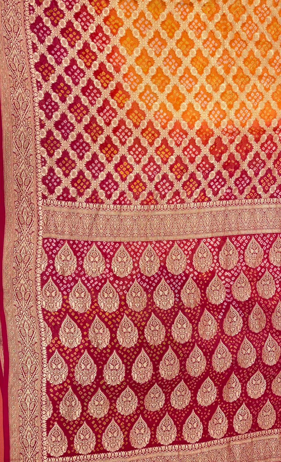 Sunset Splendor: Faishana's Vibrant 2D Yellow and Orange Katan Georgette Bandhej Zari Kadhwa Jaal Chunri Booti with Kadhwa Contrasting Red Pallu and Blouse Saree