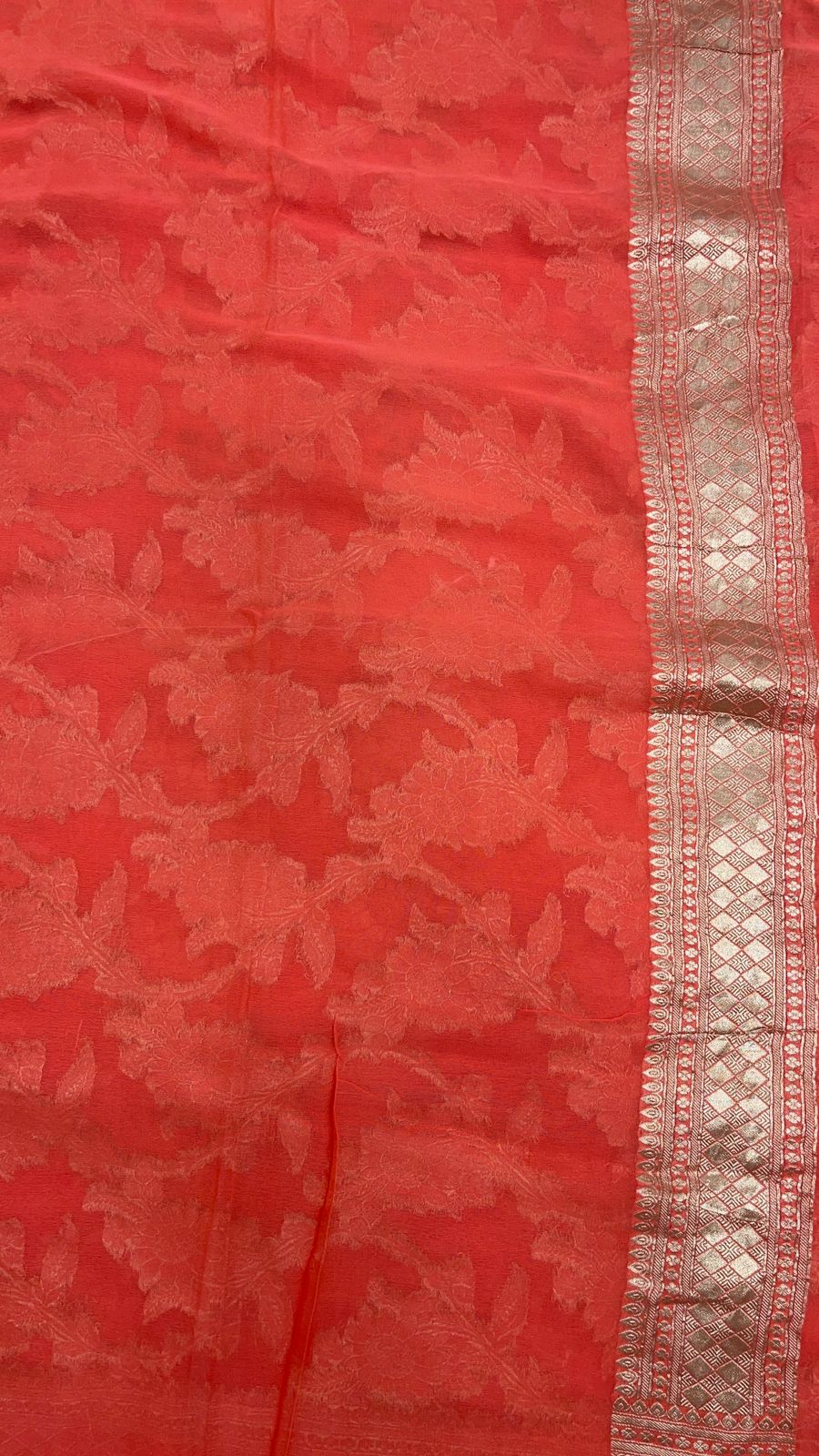 Faishana Pure Handloom Orange Khaddi Georgette Floral Hand painted Zari Jaal with Banarasi Zari Border and Orange Blouse