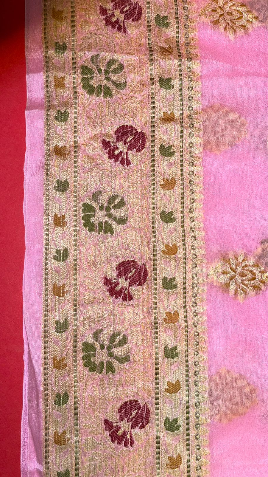 Faishana Presents Pink Chiffon Handloom Mina Zari Booti with Resham Golden Zari Kadiyal with Banarasi Mina Border with Pink Blouse