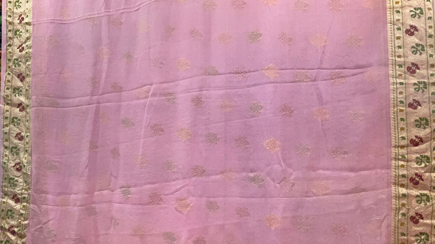 Faishana Presents Pink Chiffon Handloom Mina Zari Booti with Resham Golden Zari Kadiyal with Banarasi Mina Border with Pink Blouse