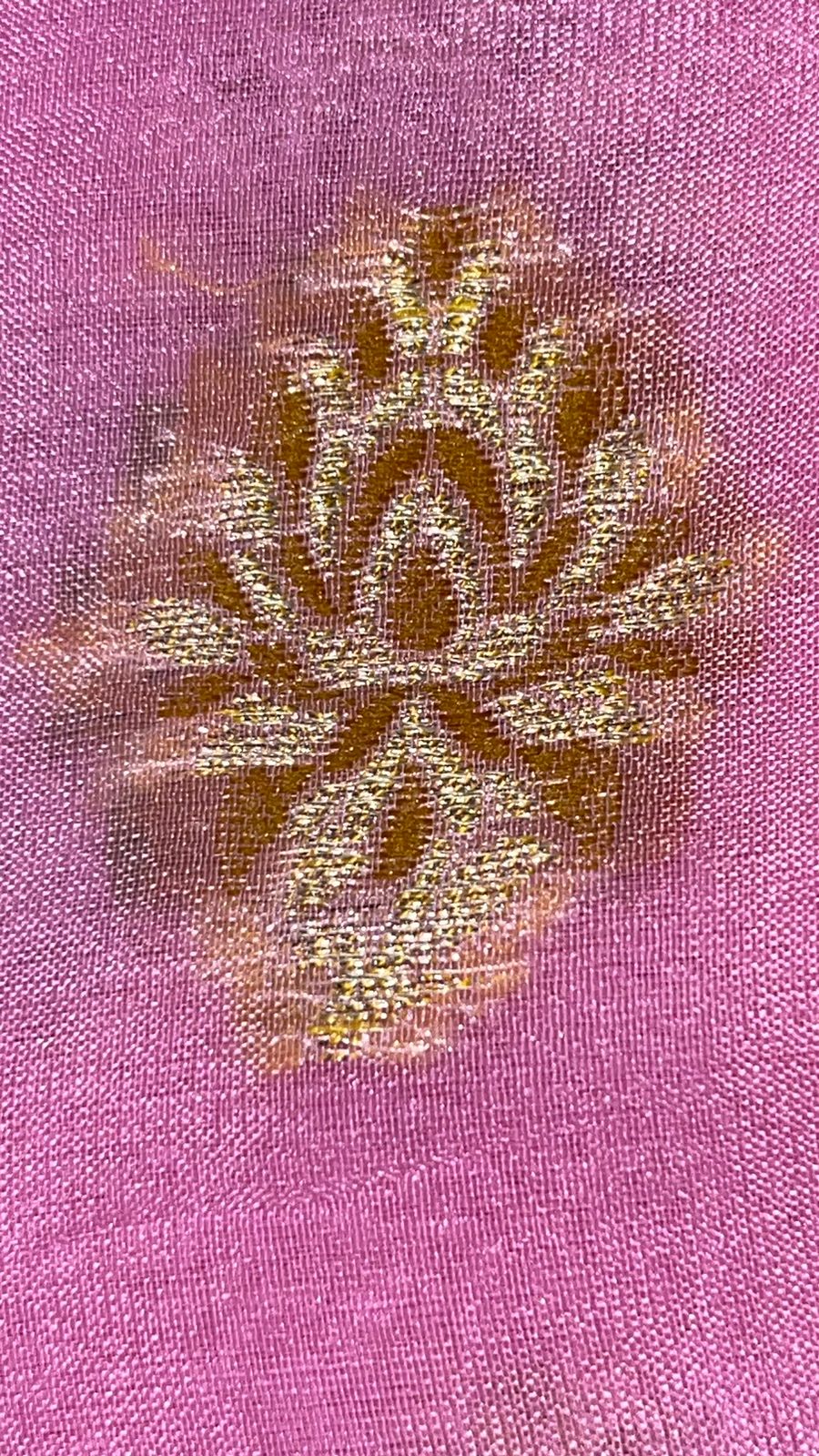 Faishana Presents Pink Chiffon Handloom Mina Zari Booti with Resham Golden Zari Kadiyal with Banarasi Mina Border with Pink Blouse