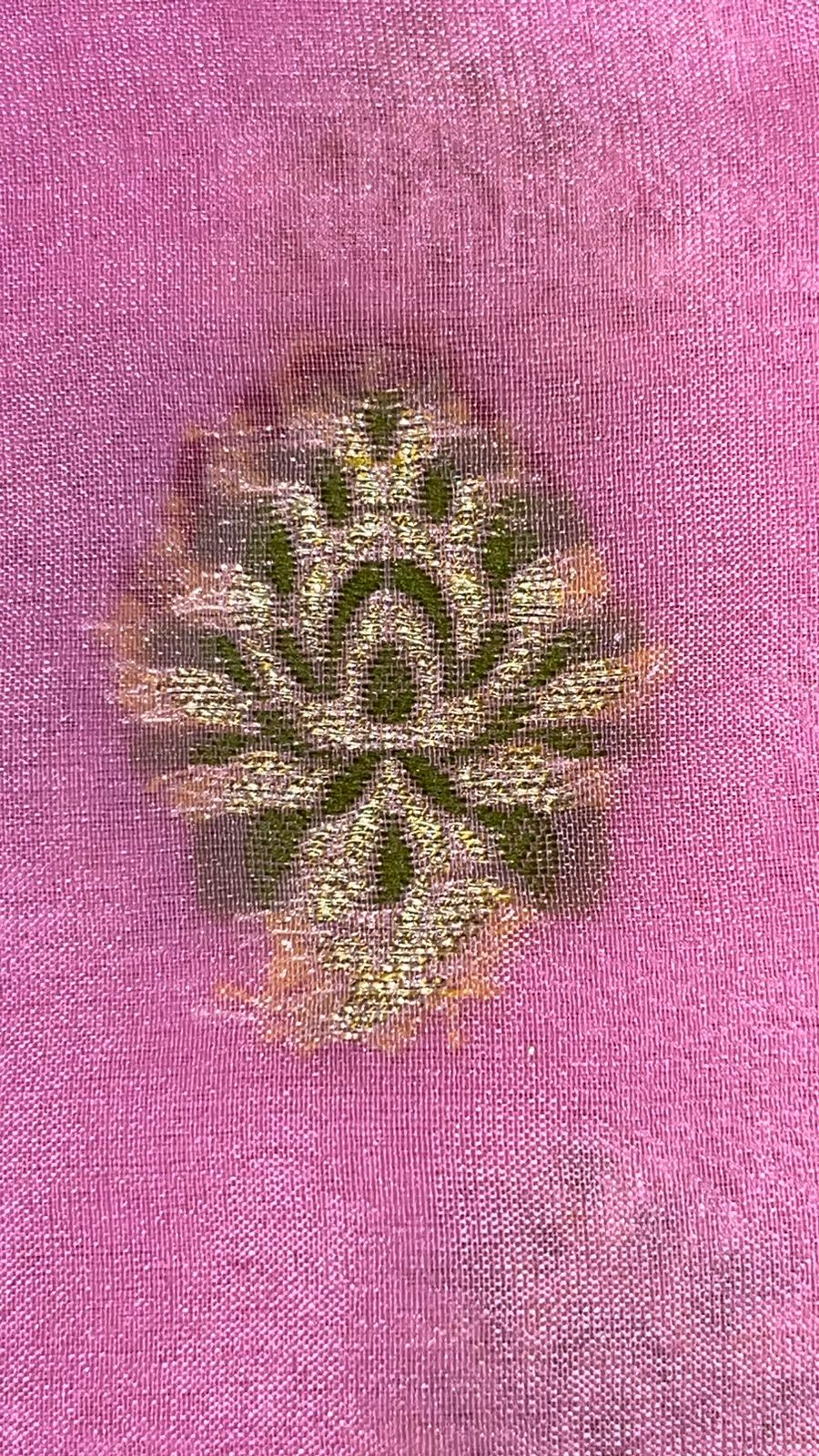 Faishana Presents Pink Chiffon Handloom Mina Zari Booti with Resham Golden Zari Kadiyal with Banarasi Mina Border with Pink Blouse