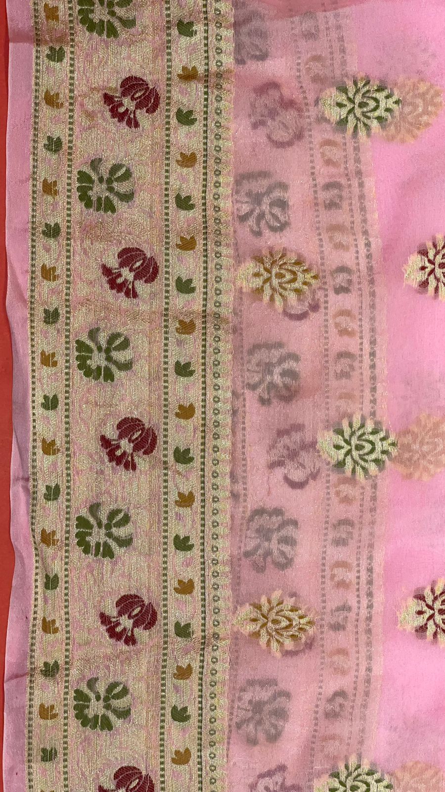 Faishana Presents Pink Chiffon Handloom Mina Zari Booti with Resham Golden Zari Kadiyal with Banarasi Mina Border with Pink Blouse