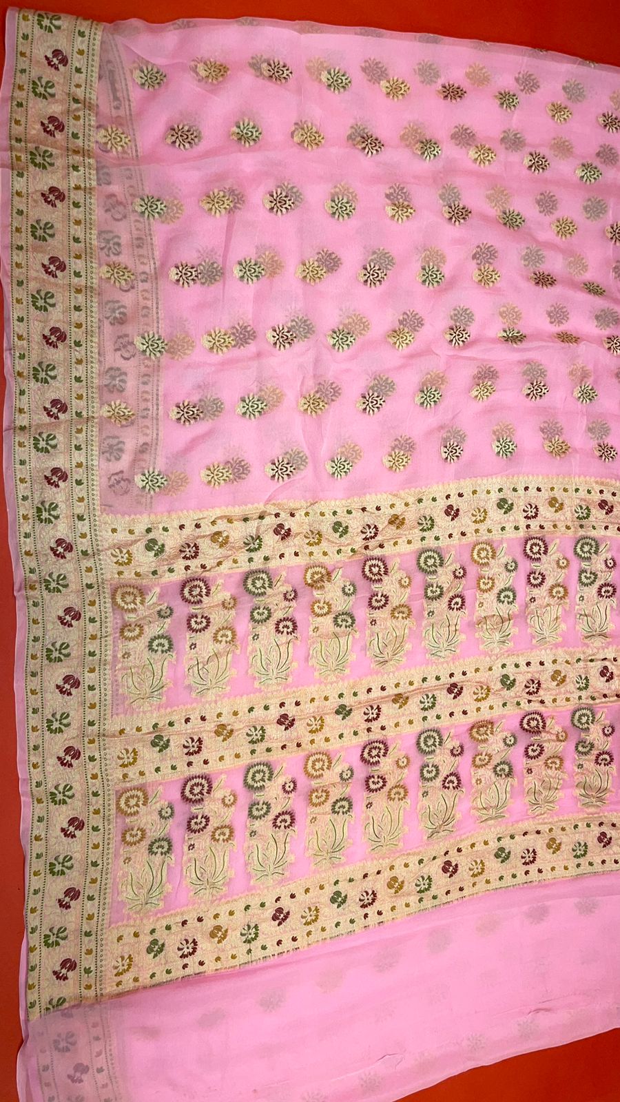 Faishana Presents Pink Chiffon Handloom Mina Zari Booti with Resham Golden Zari Kadiyal with Banarasi Mina Border with Pink Blouse