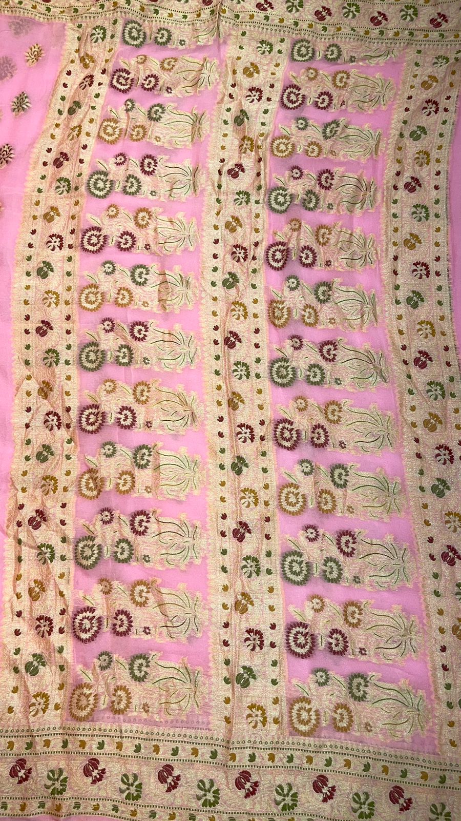 Faishana Presents Pink Chiffon Handloom Mina Zari Booti with Resham Golden Zari Kadiyal with Banarasi Mina Border with Pink Blouse