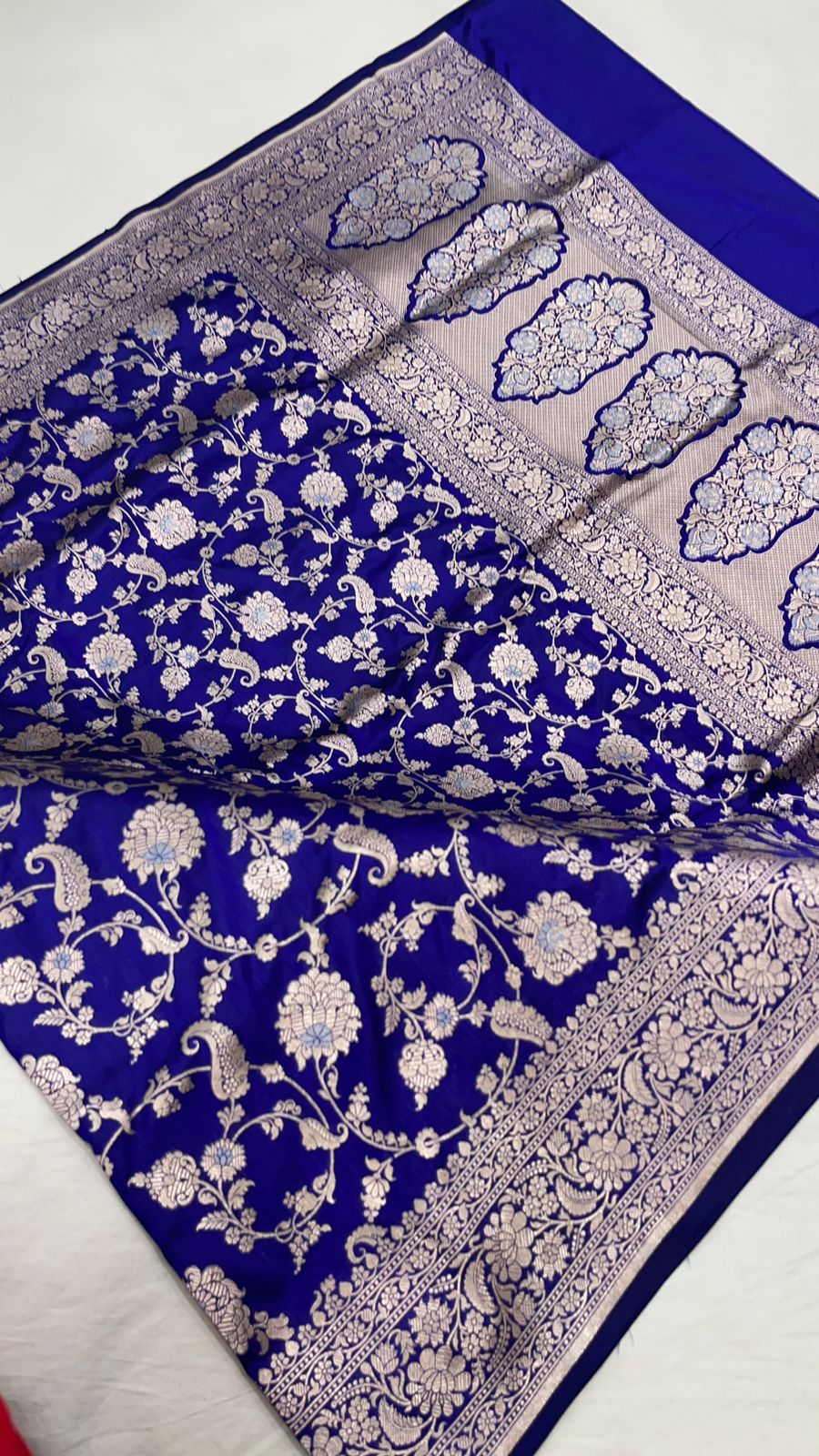 Faishana Pure Silk Handloom Royal Blue Uppada Saree with Silver Zari Mina Kadhwa Weaving Zari Jaal Border White Mina Anchal and Blue Kadhwa Blouse