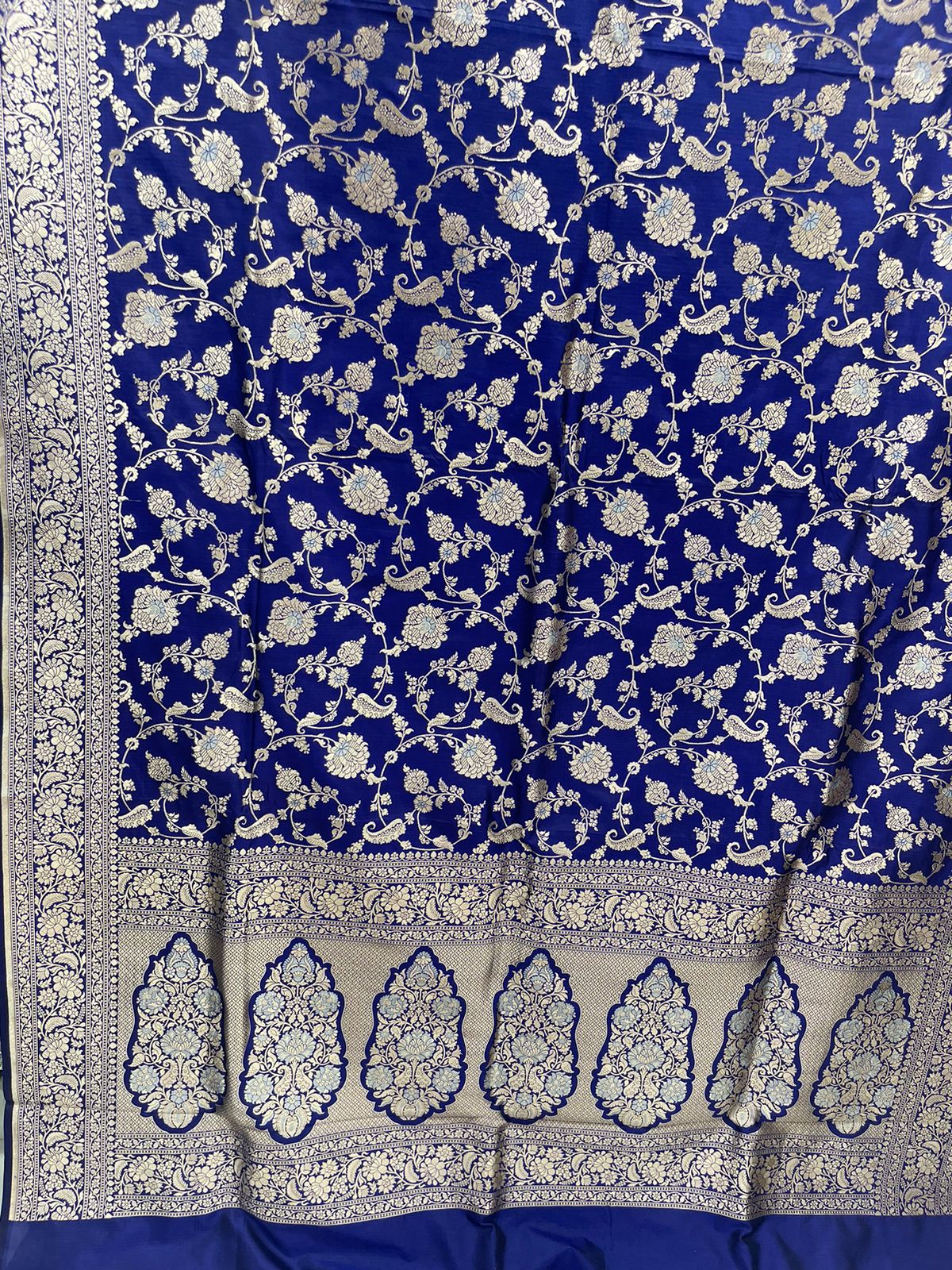 Faishana Pure Silk Handloom Royal Blue Uppada Saree with Silver Zari Mina Kadhwa Weaving Zari Jaal Border White Mina Anchal and Blue Kadhwa Blouse