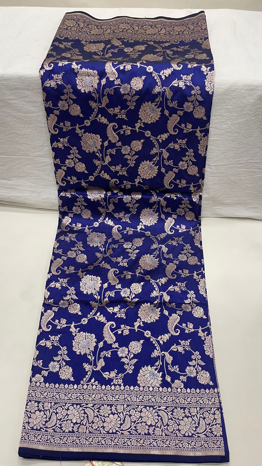 Faishana Pure Silk Handloom Royal Blue Uppada Saree with Silver Zari Mina Kadhwa Weaving Zari Jaal Border White Mina Anchal and Blue Kadhwa Blouse