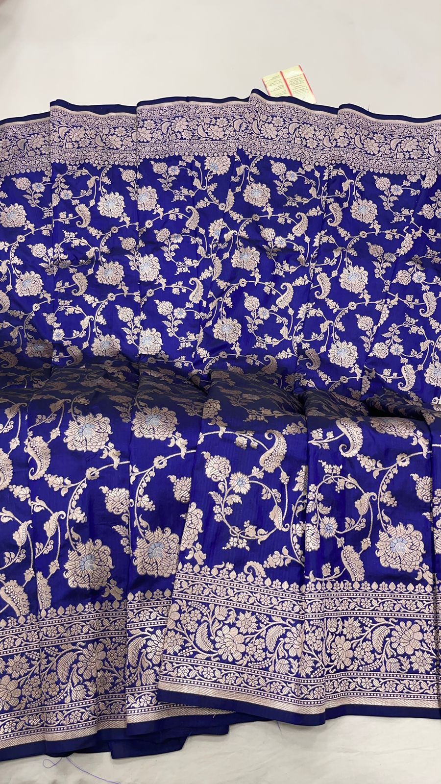 Faishana Pure Silk Handloom Royal Blue Uppada Saree with Silver Zari Mina Kadhwa Weaving Zari Jaal Border White Mina Anchal and Blue Kadhwa Blouse