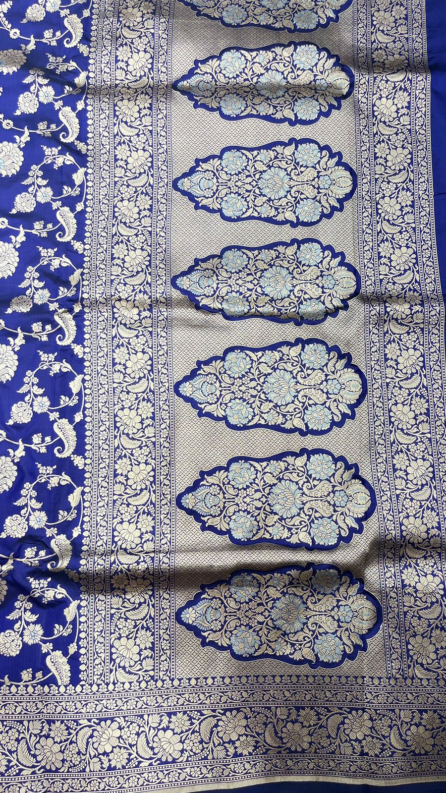 Faishana Pure Silk Handloom Royal Blue Uppada Saree with Silver Zari Mina Kadhwa Weaving Zari Jaal Border White Mina Anchal and Blue Kadhwa Blouse
