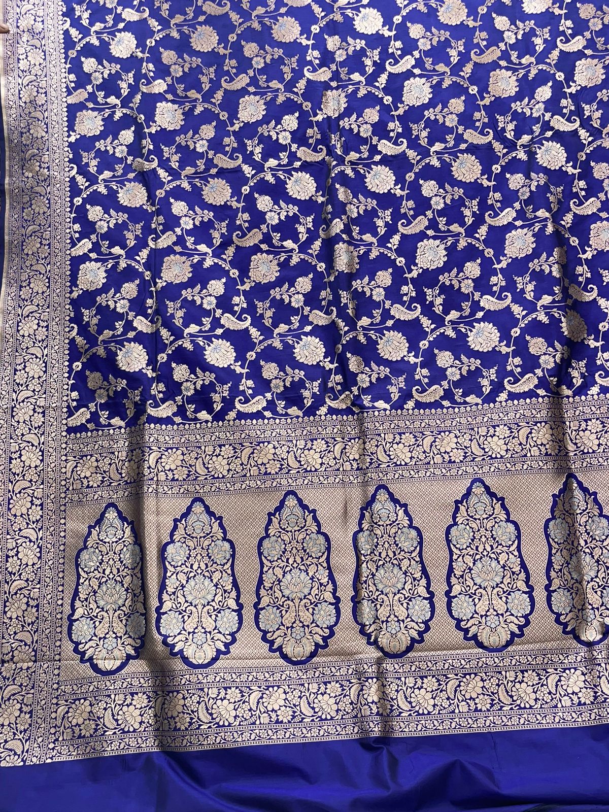 Faishana Pure Silk Handloom Royal Blue Uppada Saree with Silver Zari Mina Kadhwa Weaving Zari Jaal Border White Mina Anchal and Blue Kadhwa Blouse