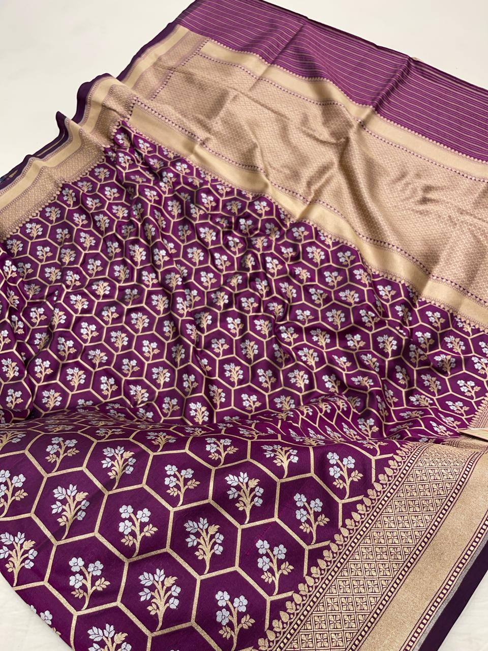 Faishana Pure Silk Handloom Magenta Uppada Silk Silver Mina Zari with Golden Zari Border Alfi Jaal and Magenta Kadhwa Blouse Saree