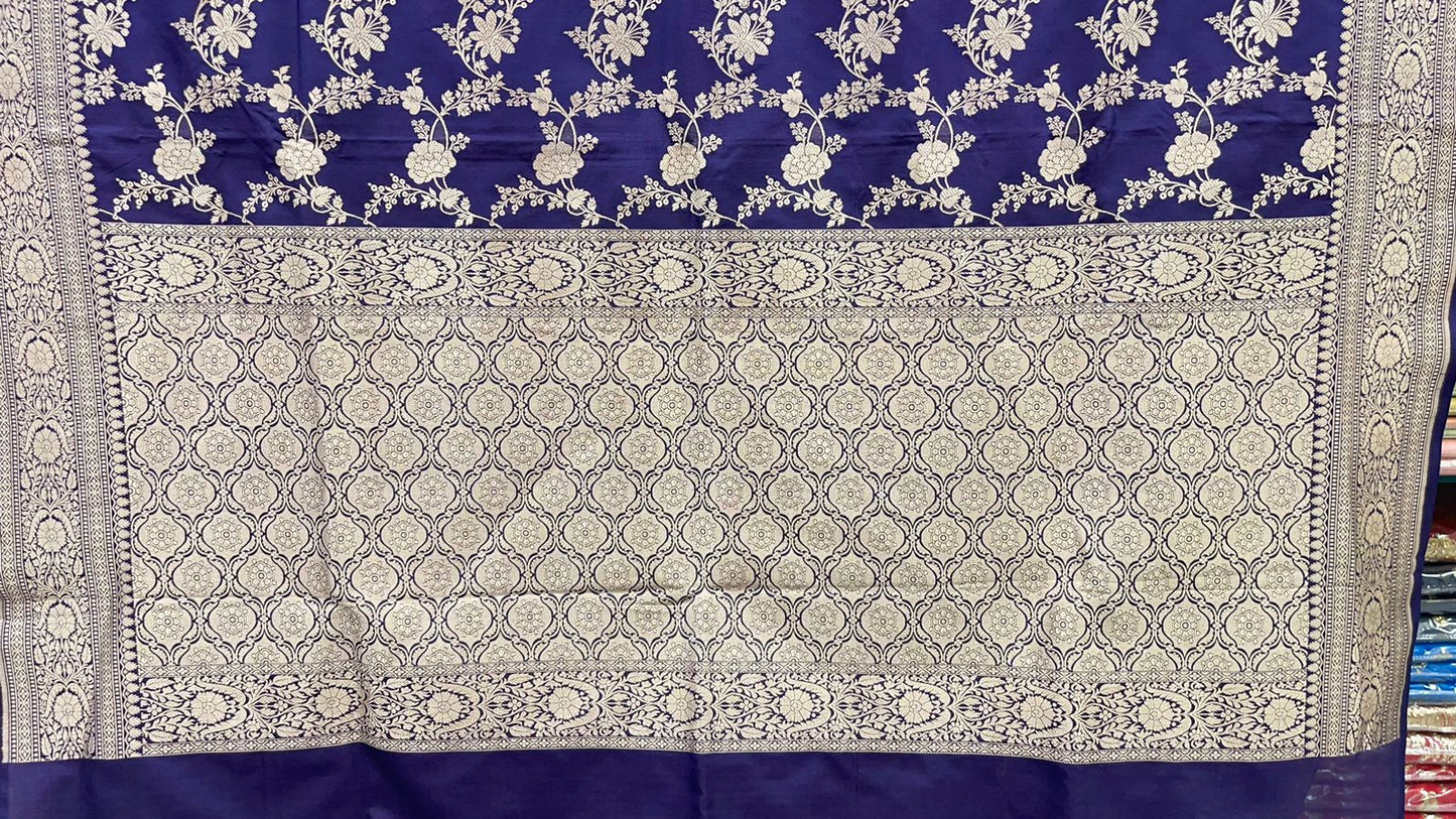 Faishana Pure Silk Handloom Uppada Navy Blue with Silver Zari Kadhwa Jaal Rich Pallu and Kadhwa Blouse Banarasi Saree