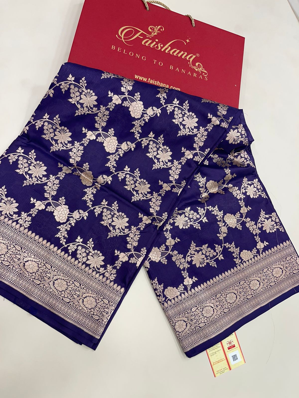 Faishana Pure Silk Handloom Uppada Navy Blue with Silver Zari Kadhwa Jaal Rich Pallu and Kadhwa Blouse Banarasi Saree