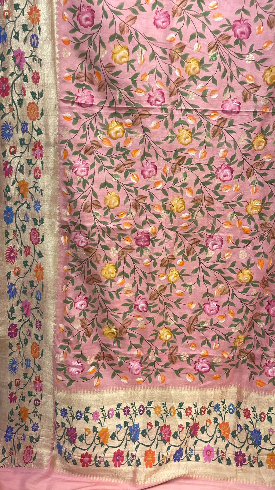 Faishana Presents Pure Handloom Pink Tussar Silk Floral Hand Brush Painted with Paithani Border Saree