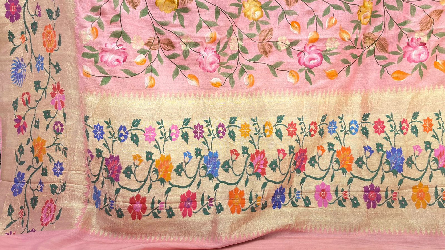 Faishana Presents Pure Handloom Pink Tussar Silk Floral Hand Brush Painted with Paithani Border Saree