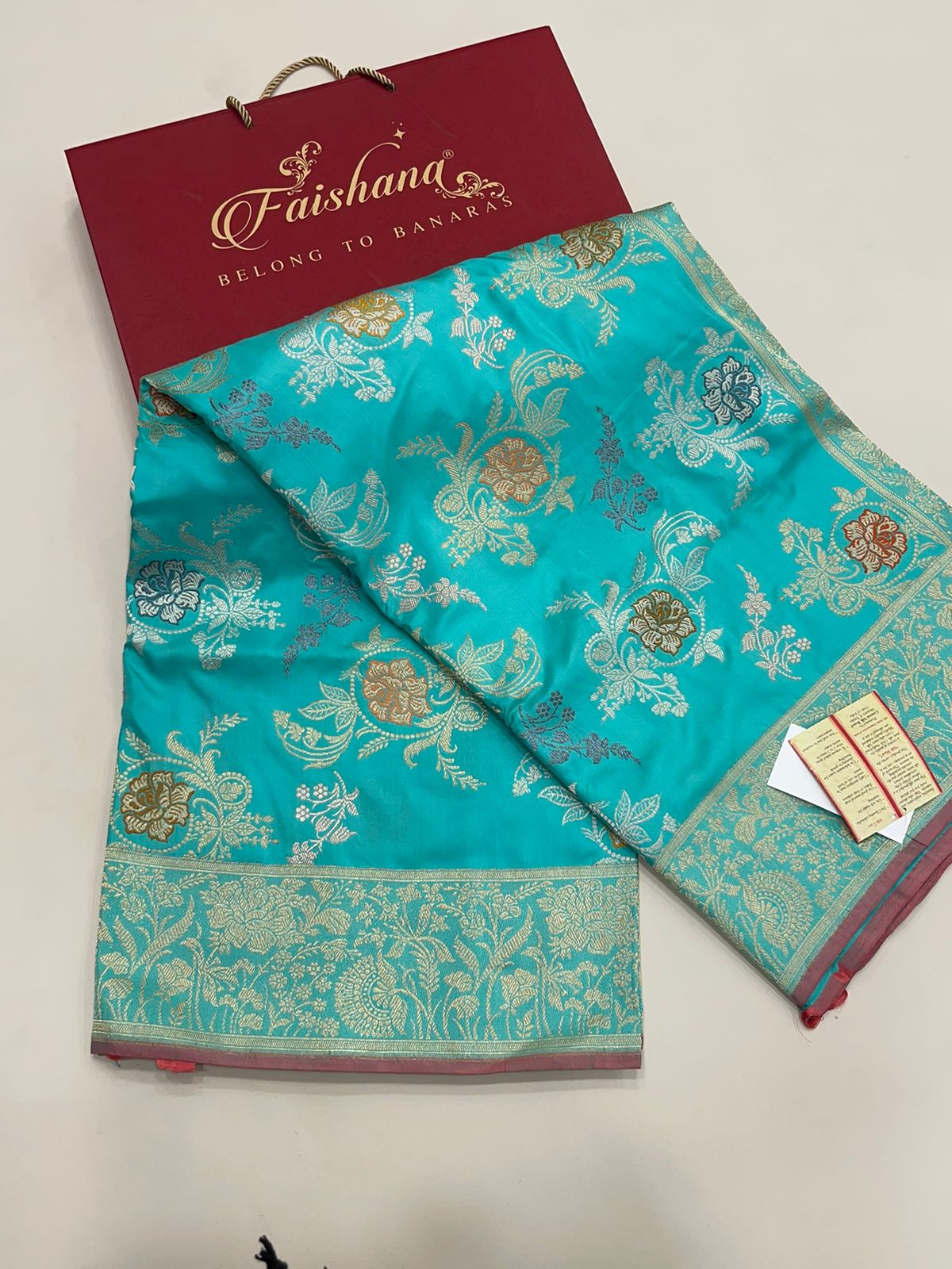 Seagreen Splendor: Faishana Pure Handloom Katan Silk Minakari Kadhwa Floral Jaal Zari Banarasi Border Self-Design Anchal and Sea green Stripe Blouse
