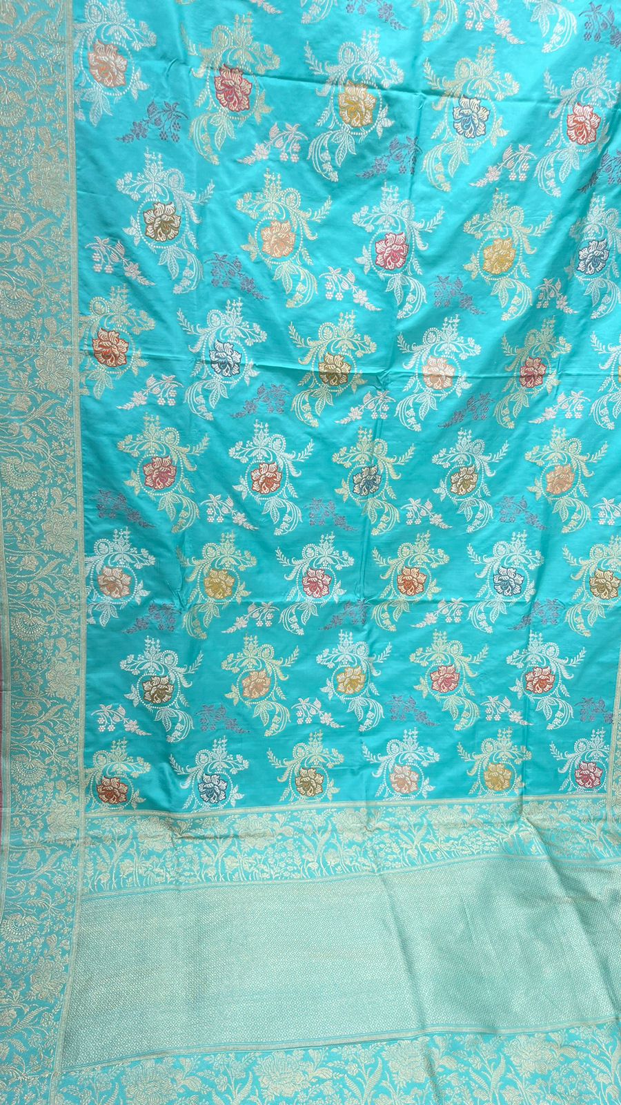 Seagreen Splendor: Faishana Pure Handloom Katan Silk Minakari Kadhwa Floral Jaal Zari Banarasi Border Self-Design Anchal and Sea green Stripe Blouse